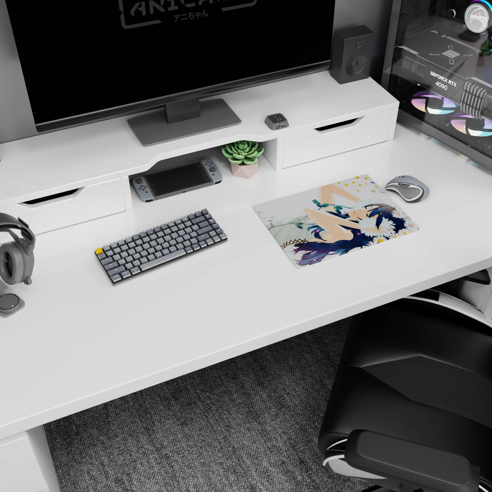 Blue-haired anime girl lounging among daisies under a pale sky mouse pad 14x10 inches with floating gold confetti.