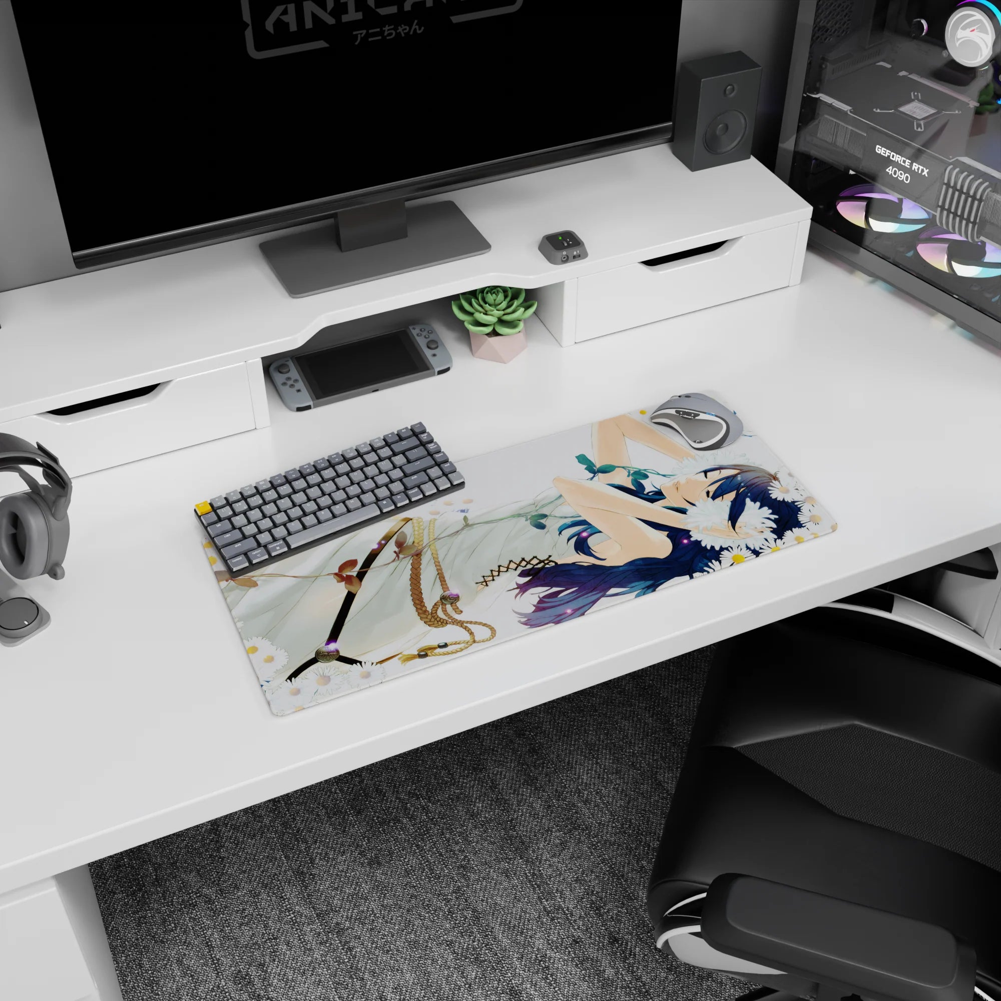 28x12 inches mouse pad showing blue-haired anime girl in a white dress napping among daisies under a pale sky.