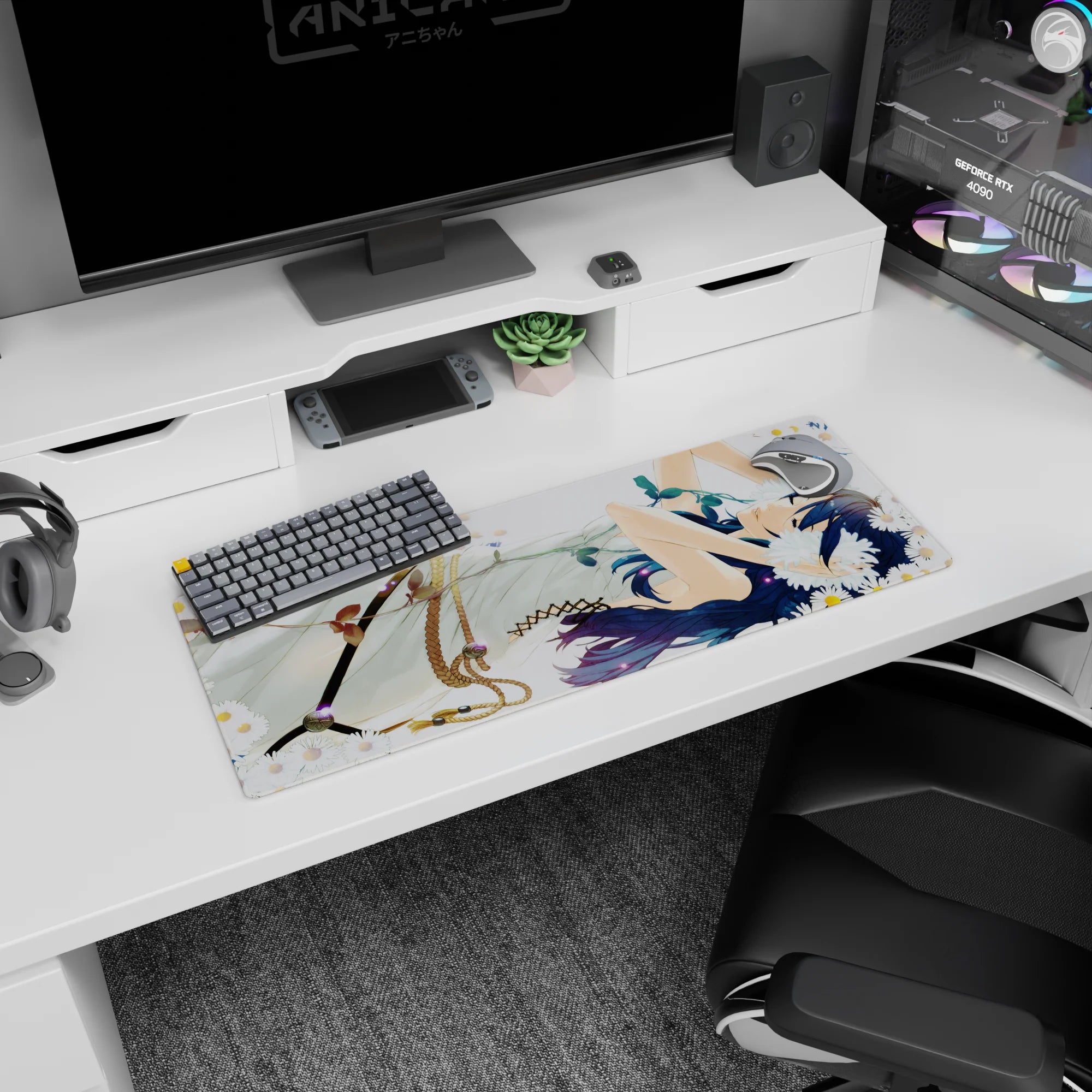 32x12 inches anime mouse pad showing a blue-haired girl in a white dress napping among daisies.