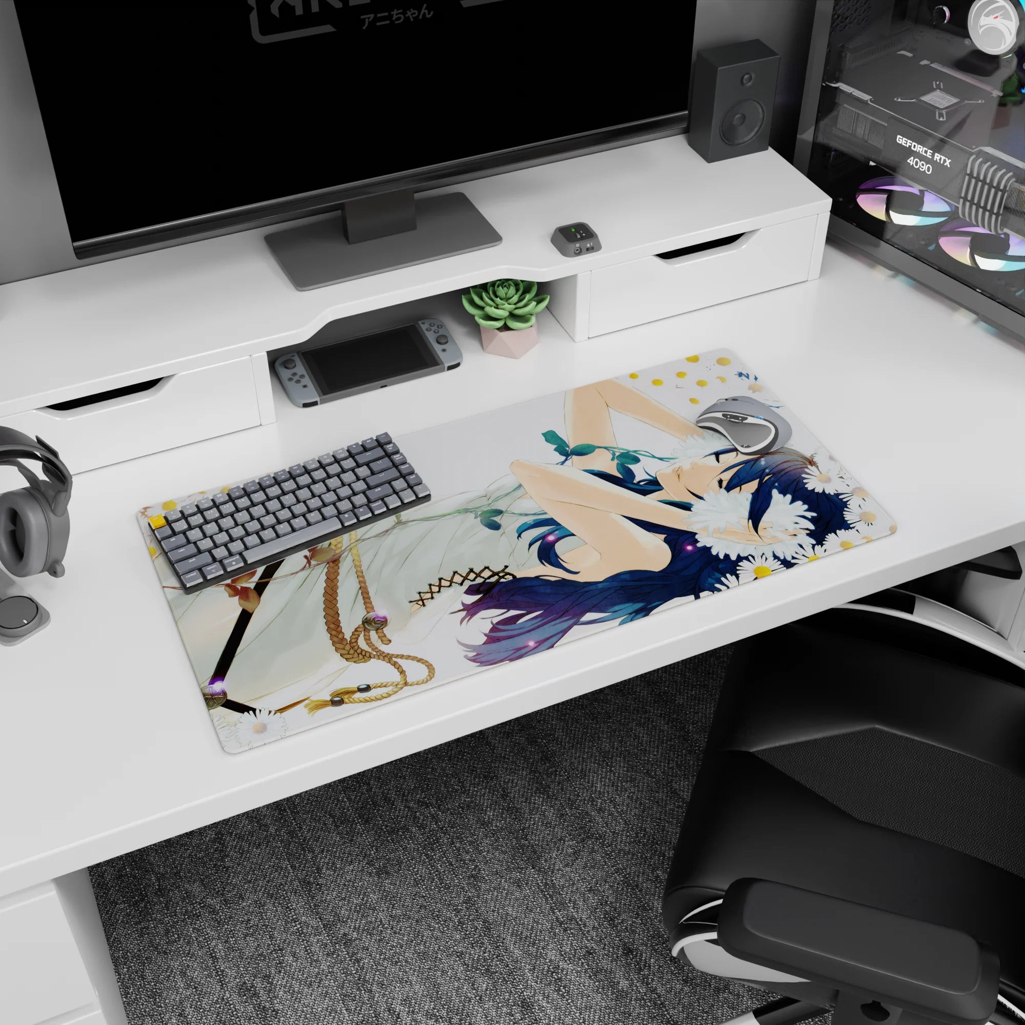 32x16 inches mouse pad featuring blue-haired anime girl in a white dress, lying among daisies under a soft sky.