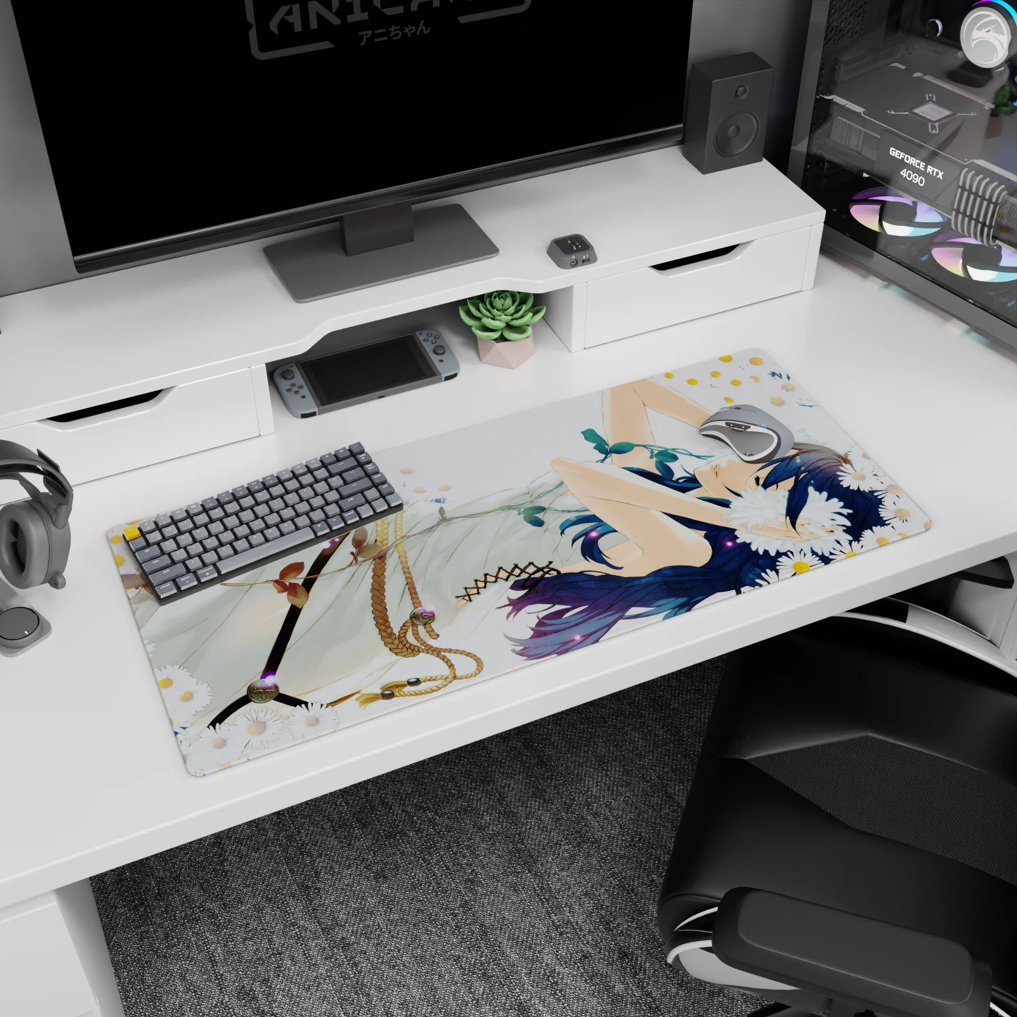 36x16 inches anime desk pad showing blue-haired girl in a white dress napping among daisies under a pale sky.