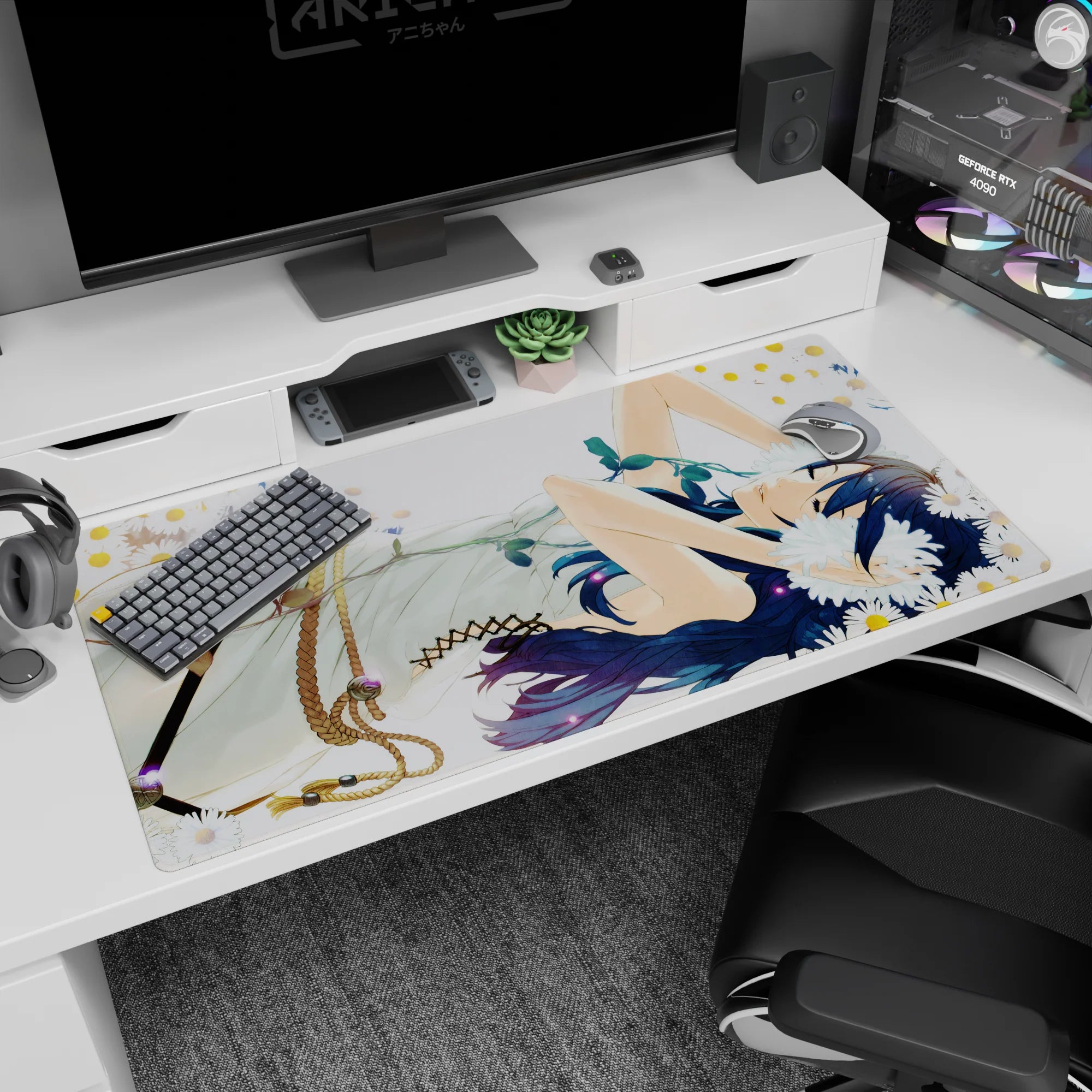 Anime girl in white dress lounging among daisies on a 40x20 inches desk pad, serene summer nap.