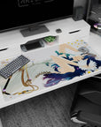 Anime girl in white dress lounging among daisies on a 40x20 inches desk pad, serene summer nap.