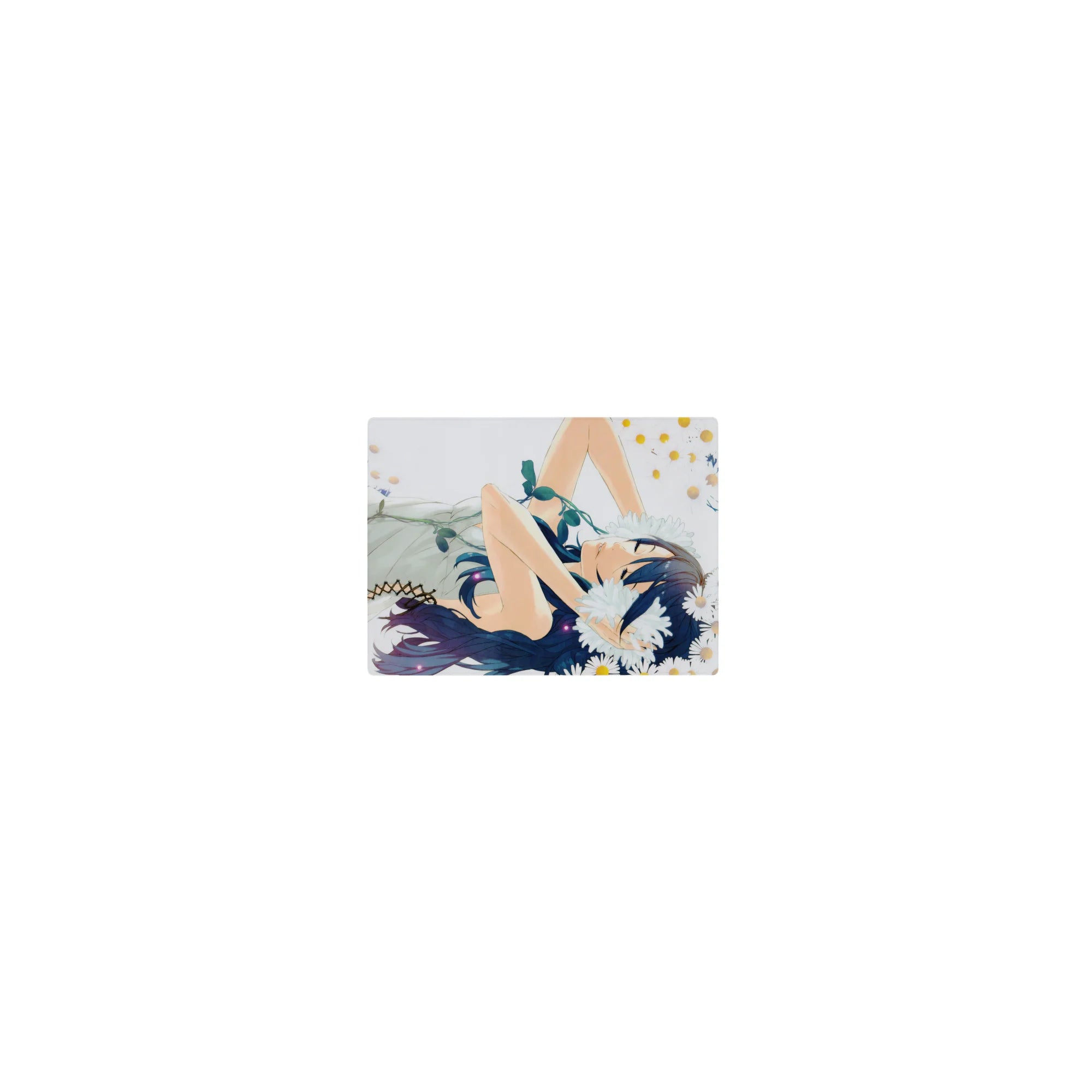 Classic anime girl mouse pad 14x10 inches with daisies, pale sky, blue-haired girl in white dress, gold dots.