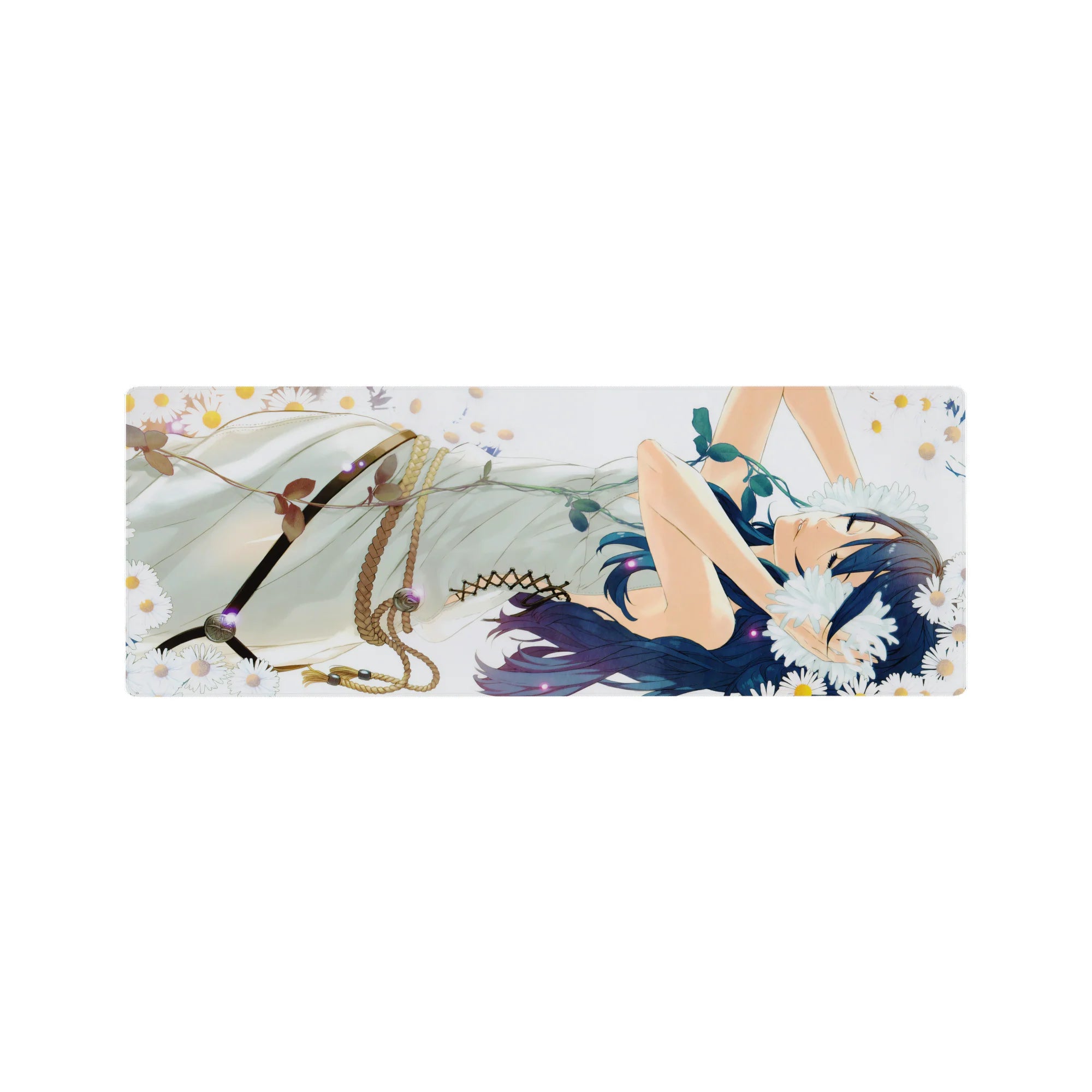 32x12 inches anime girl mouse pad with daisies, pale sky backdrop, and floating gold confetti dots.