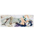 32x12 inches anime girl mouse pad with daisies, pale sky backdrop, and floating gold confetti dots.