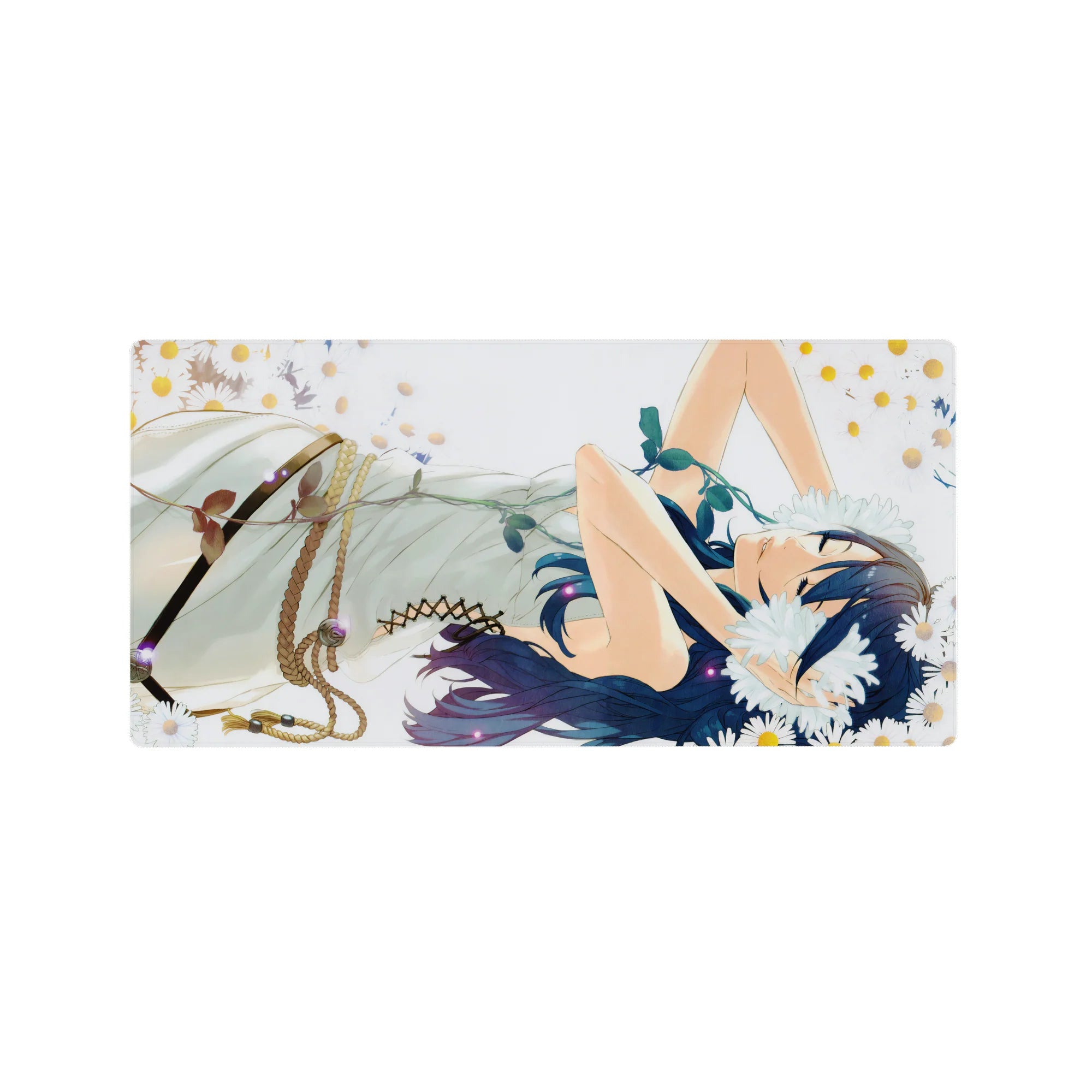 32x16 inches anime girl mouse pad with daisy field, pale sky backdrop, and gold confetti dots.