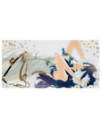 32x16 inches anime girl mouse pad with daisy field, pale sky backdrop, and gold confetti dots.