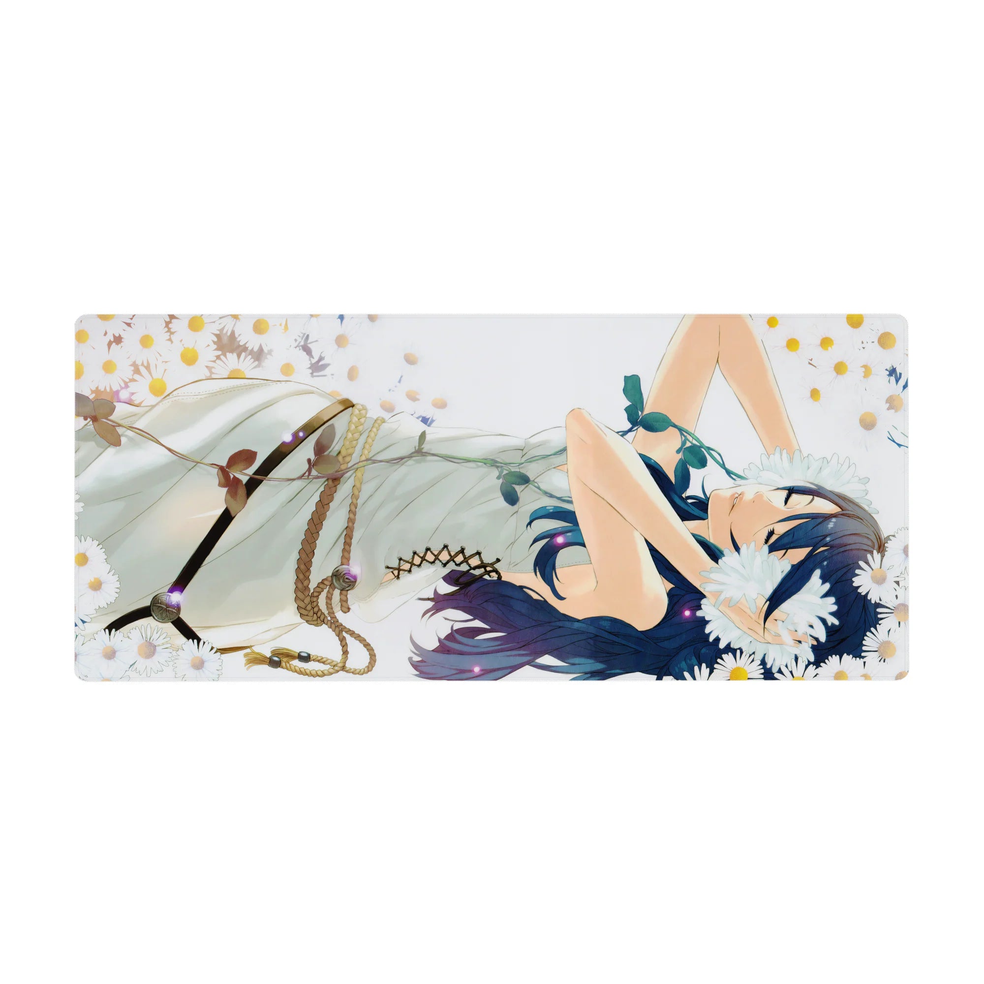 Anime girl desk pad 36x16 inches with daisies, pale sky background, and dreamy summer romance artwork.