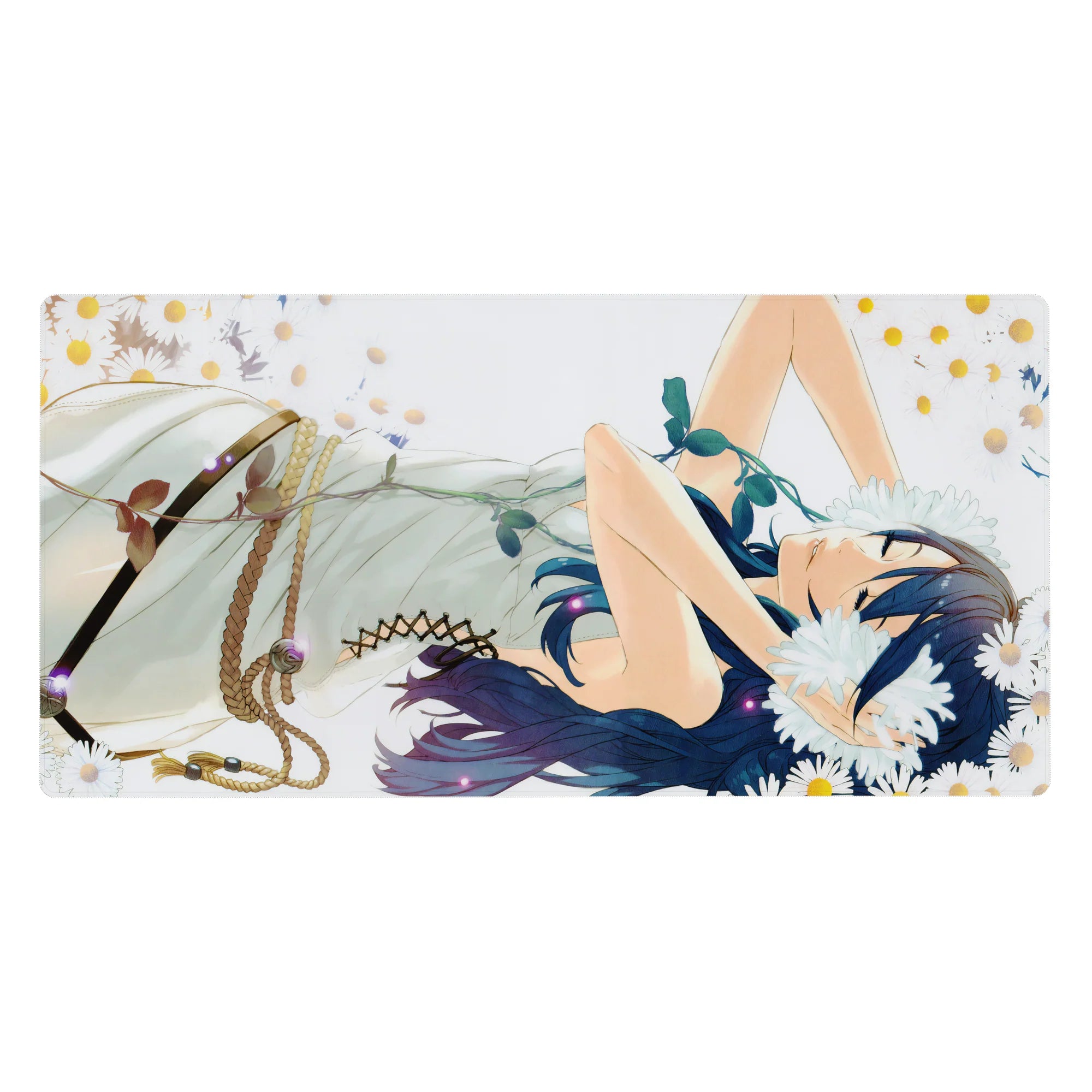 Anime girl desk pad 40x20 inches with daisies, pale sky backdrop, and gold confetti dots.