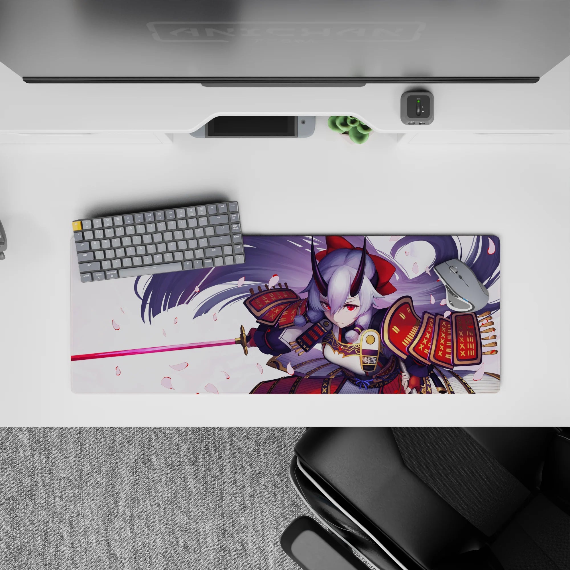 32x12 inches lavender sky anime mouse pad with rich red and gold armor, cute fierce gaming vibe.