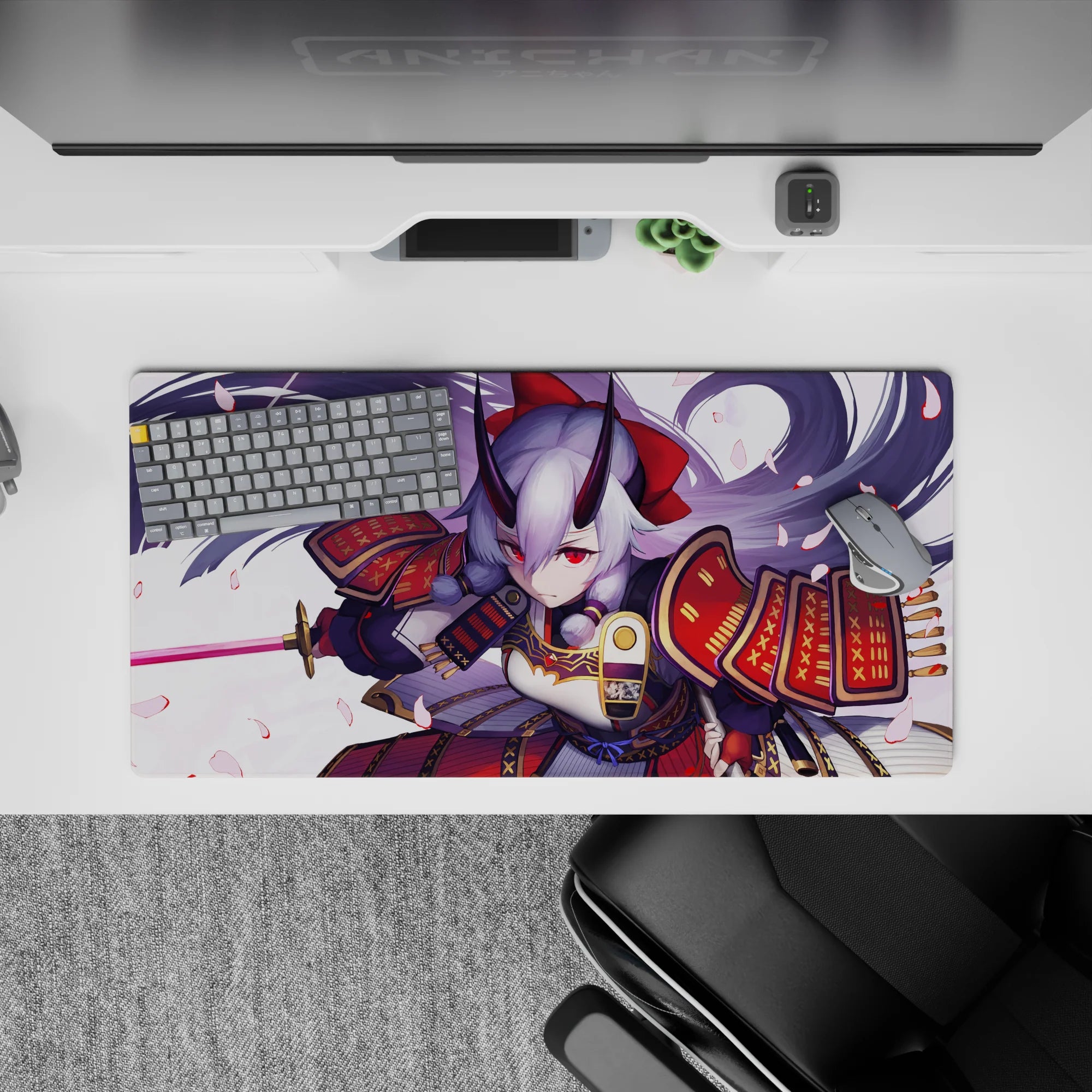 32x16 inches anime desk mat in lavender tones, with vivid red-and-gold armor and a fierce cute vibe.