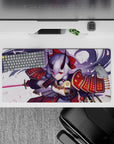 32x16 inches anime desk mat in lavender tones, with vivid red-and-gold armor and a fierce cute vibe.