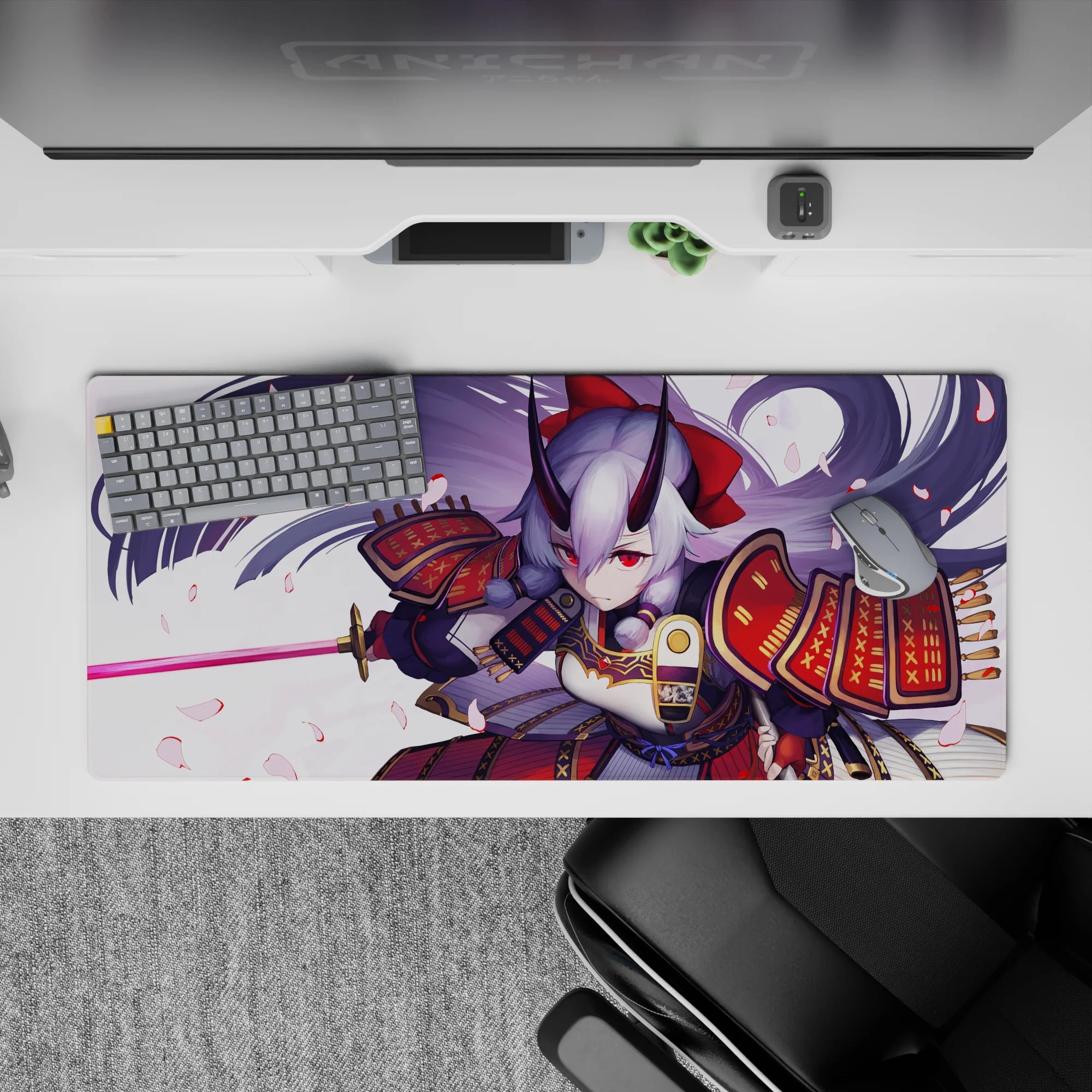 Lavender sky anime desk pad 36x16 inches in rich reds and gold trim, cute fierce gaming mood.