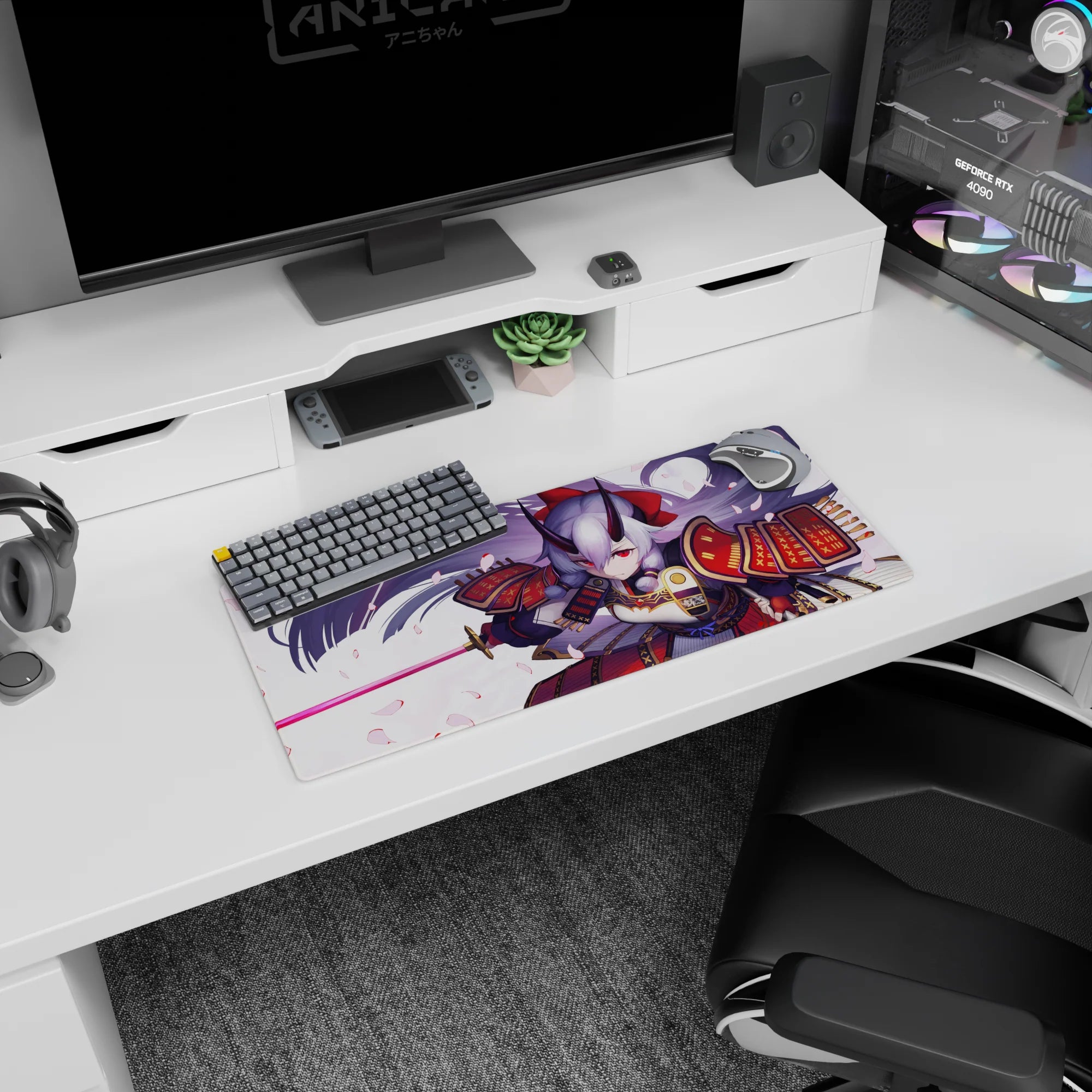 Shuten-douji Fate/Grand Order mouse pad 28x12 inches, silver hair flowing amid drifting sakura.