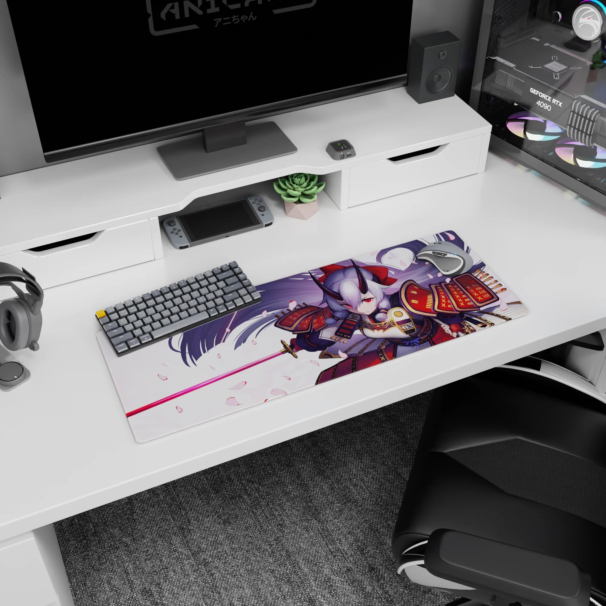32x12 inches Shuten-douji Fate/Grand Order mouse pad, silver hair whipping as sakura petals fall.