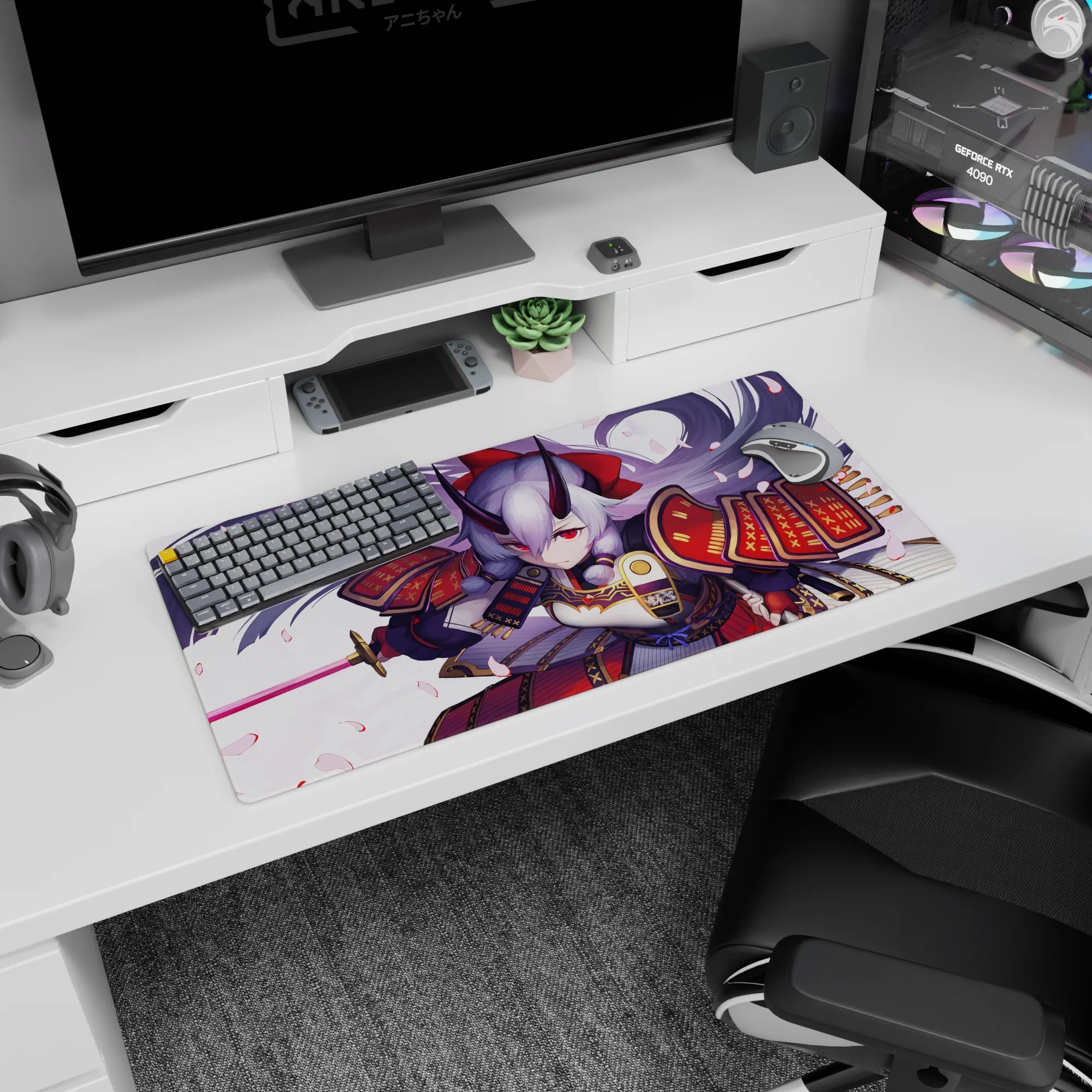 32x16 inches Shuten-douji Fate/Grand Order mouse pad, silver hair whipping under sakura petals.