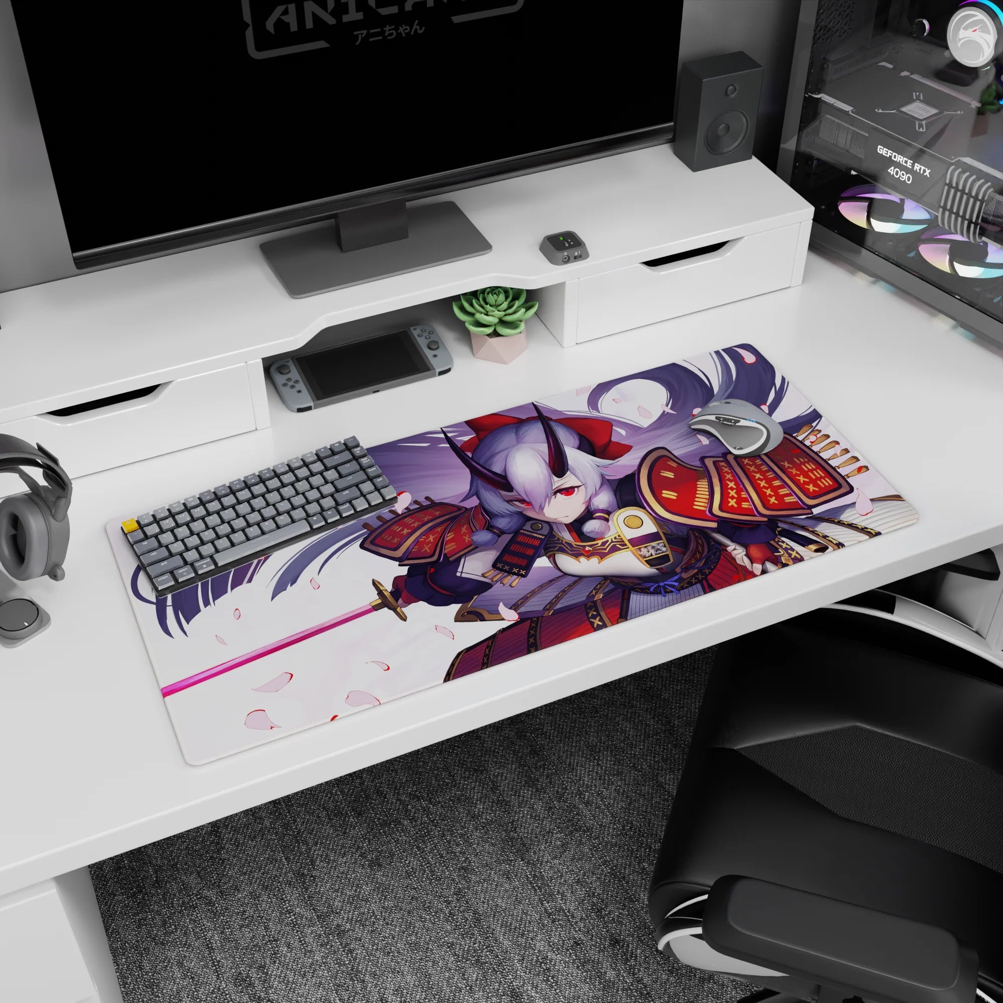Shuten-douji Fate/Grand Order desk pad 36x16 inches, silver-haired oni with red armor and petals.