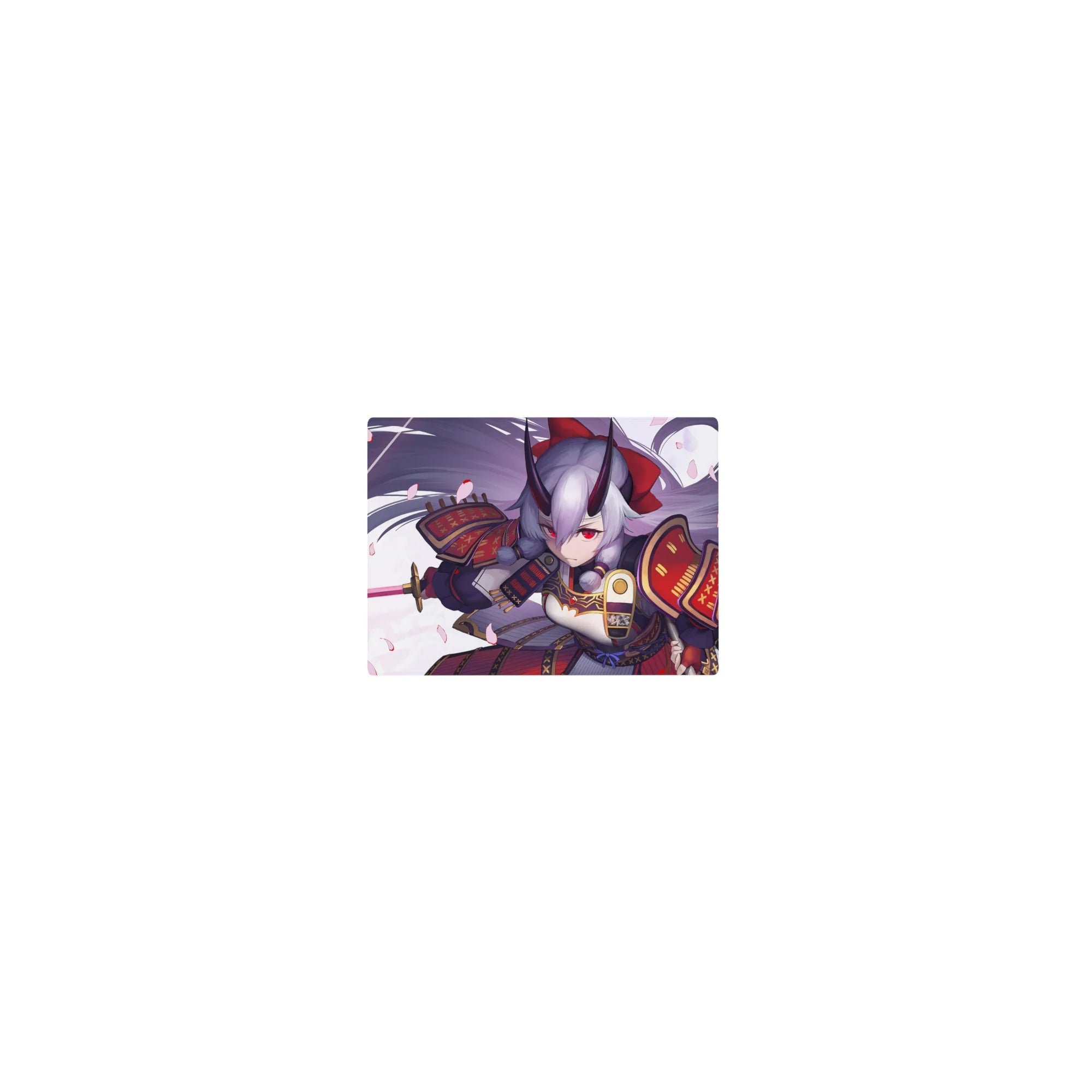 Classic anime girl mouse pad 14x10 inches with oni-samurai armor, silver hair, and drifting sakura petals.