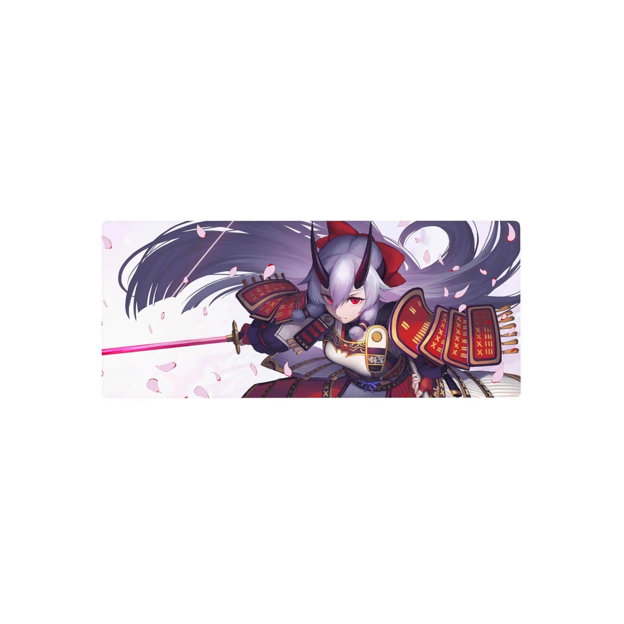 Anime girl gaming mouse pad 28x12 inches with oni-samurai armor, silver hair, and sakura petals.