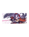Anime girl gaming mouse pad 28x12 inches with oni-samurai armor, silver hair, and sakura petals.