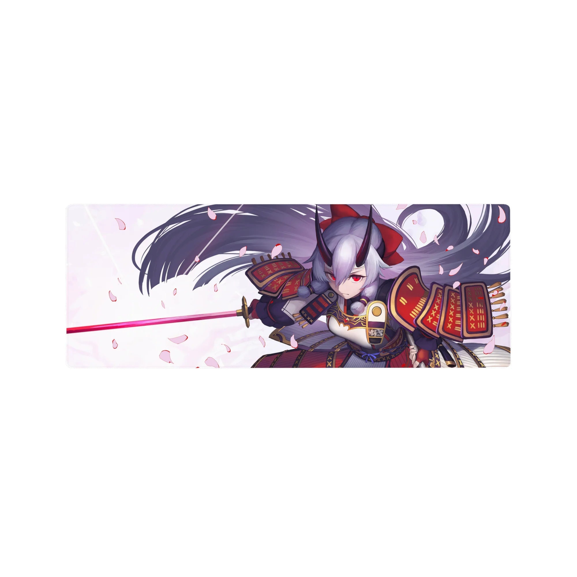 32x12 inches anime girl mouse pad with oni-samurai armor, silver hair, and drifting sakura petals.