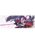 32x12 inches anime girl mouse pad with oni-samurai armor, silver hair, and drifting sakura petals.