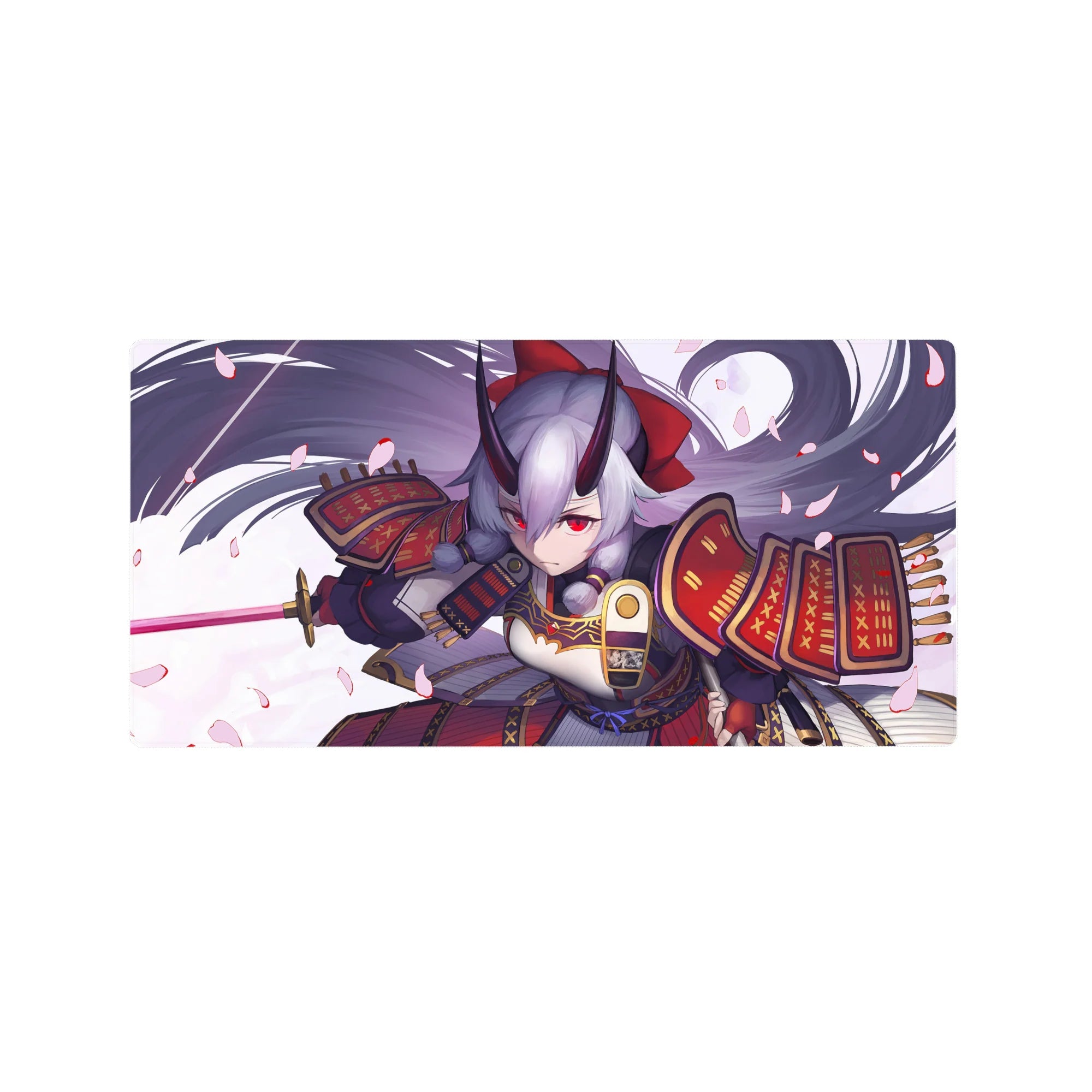 32x16 inches anime girl mouse pad with oni-samurai armor, silver hair, and drifting sakura petals.