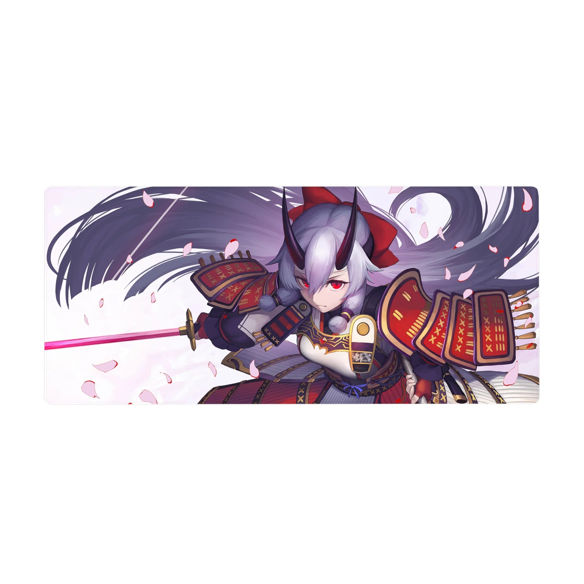 Anime girl desk pad 36x16 inches with oni samurai armor, silver hair, and drifting sakura petals.