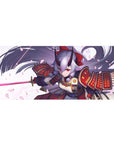 Anime girl desk pad 36x16 inches with oni samurai armor, silver hair, and drifting sakura petals.
