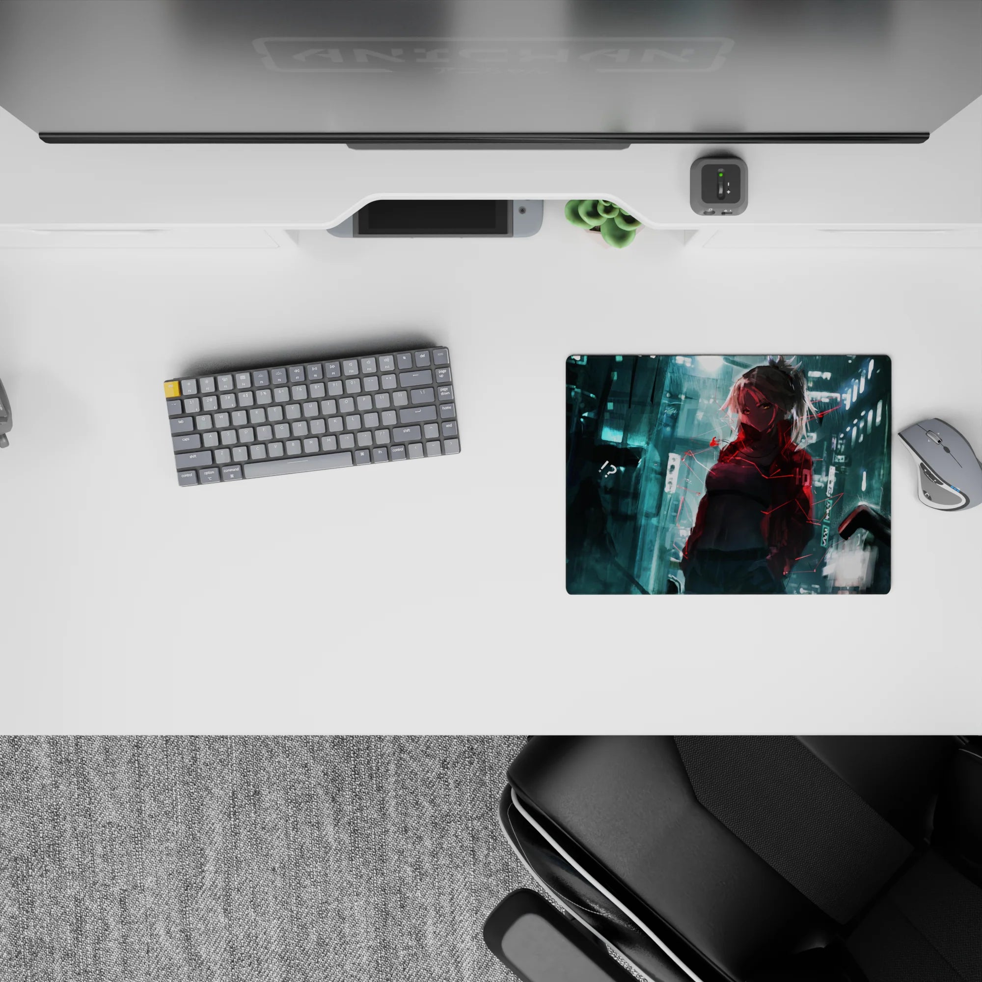 Cyberpunk teal glow anime girl mouse pad 14x10 inches with red glitch accents and moody rainy night vibes.