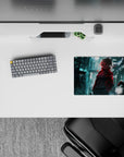 Cyberpunk teal glow anime girl mouse pad 14x10 inches with red glitch accents and moody rainy night vibes.