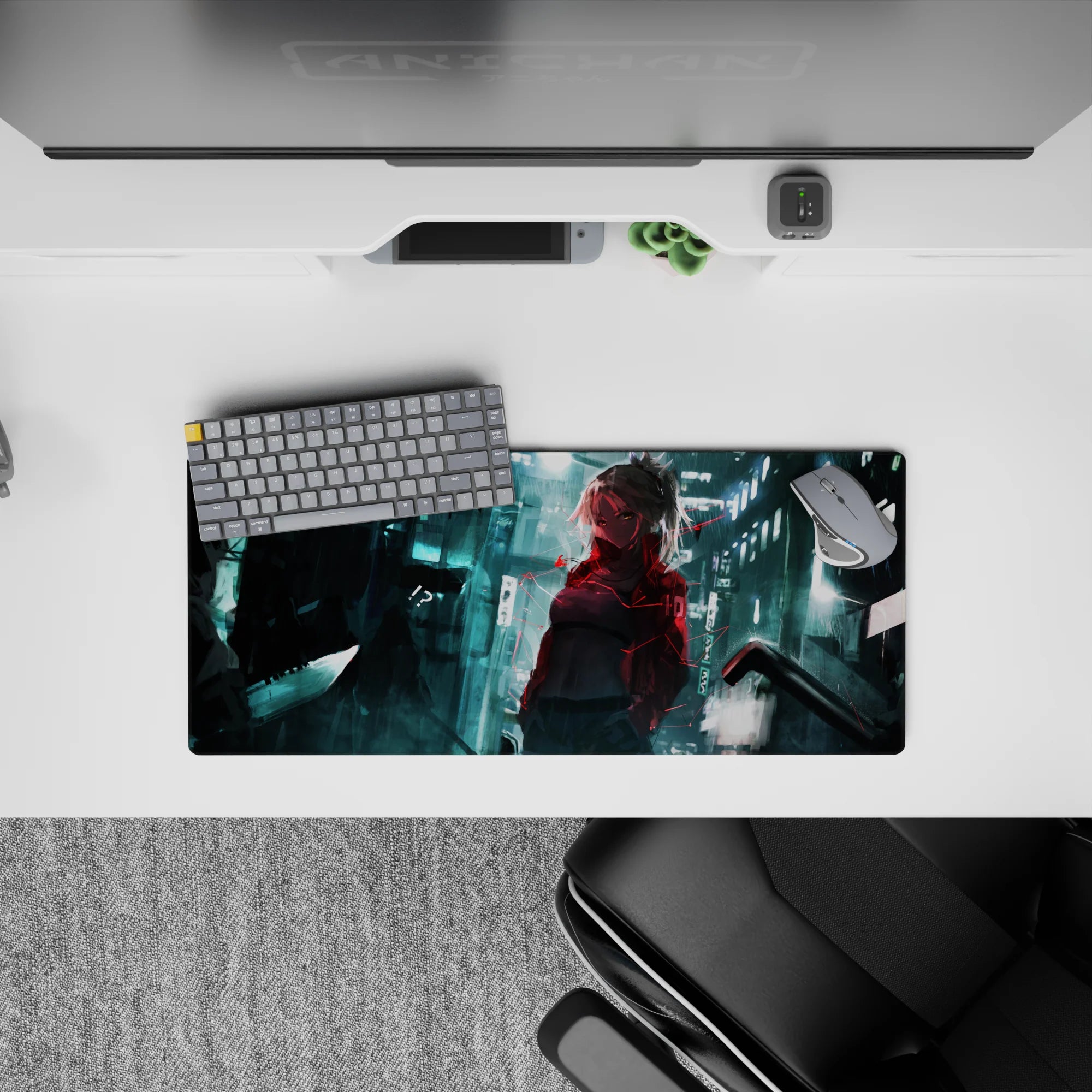 28x12 inches teal neon glow mouse pad with red glitch accents, rainy noir mood for gaming and work.