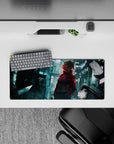 28x12 inches teal neon glow mouse pad with red glitch accents, rainy noir mood for gaming and work.