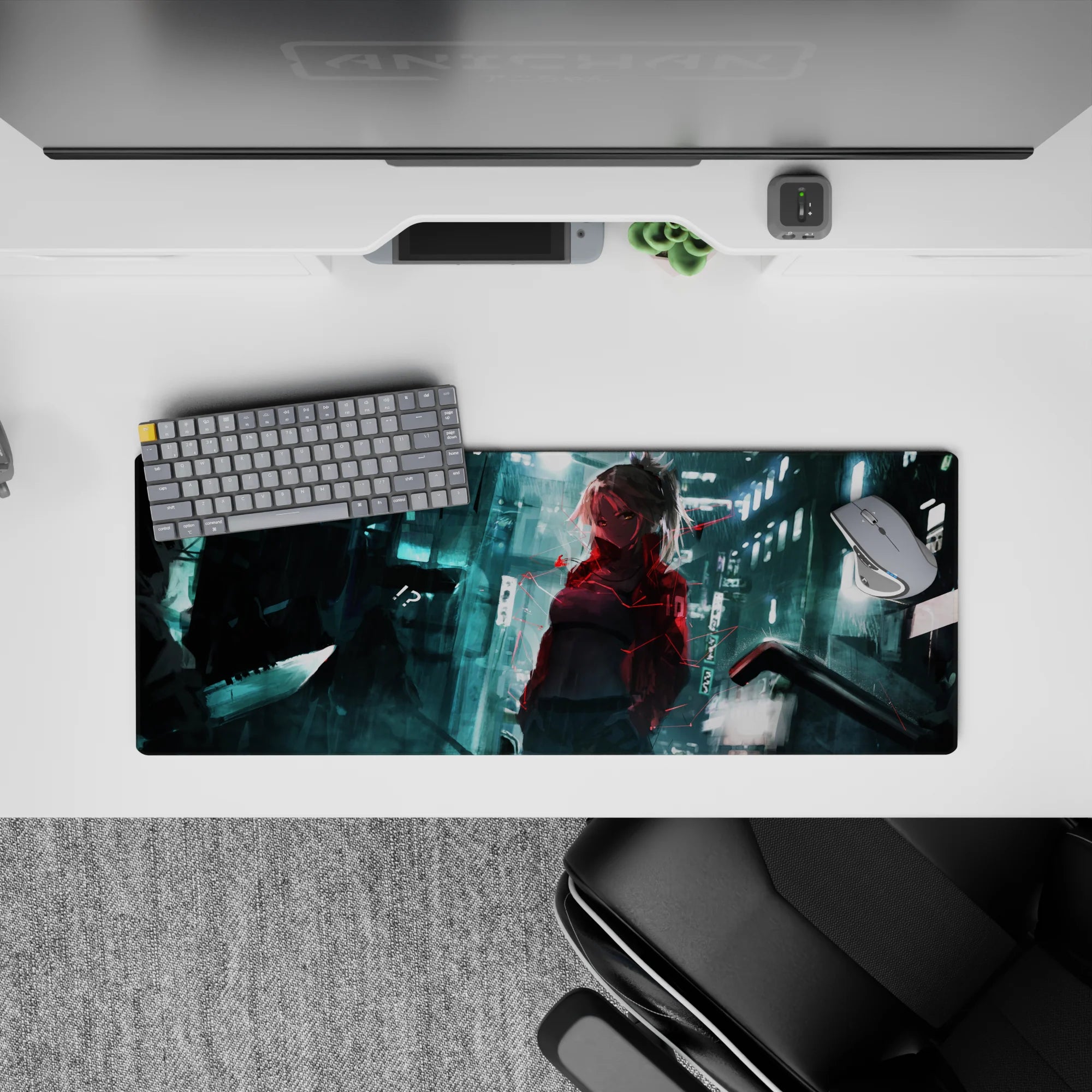 Cyberpunk anime mouse pad 32x12 inches in teal glow and red accents, moody rainy night vibe.