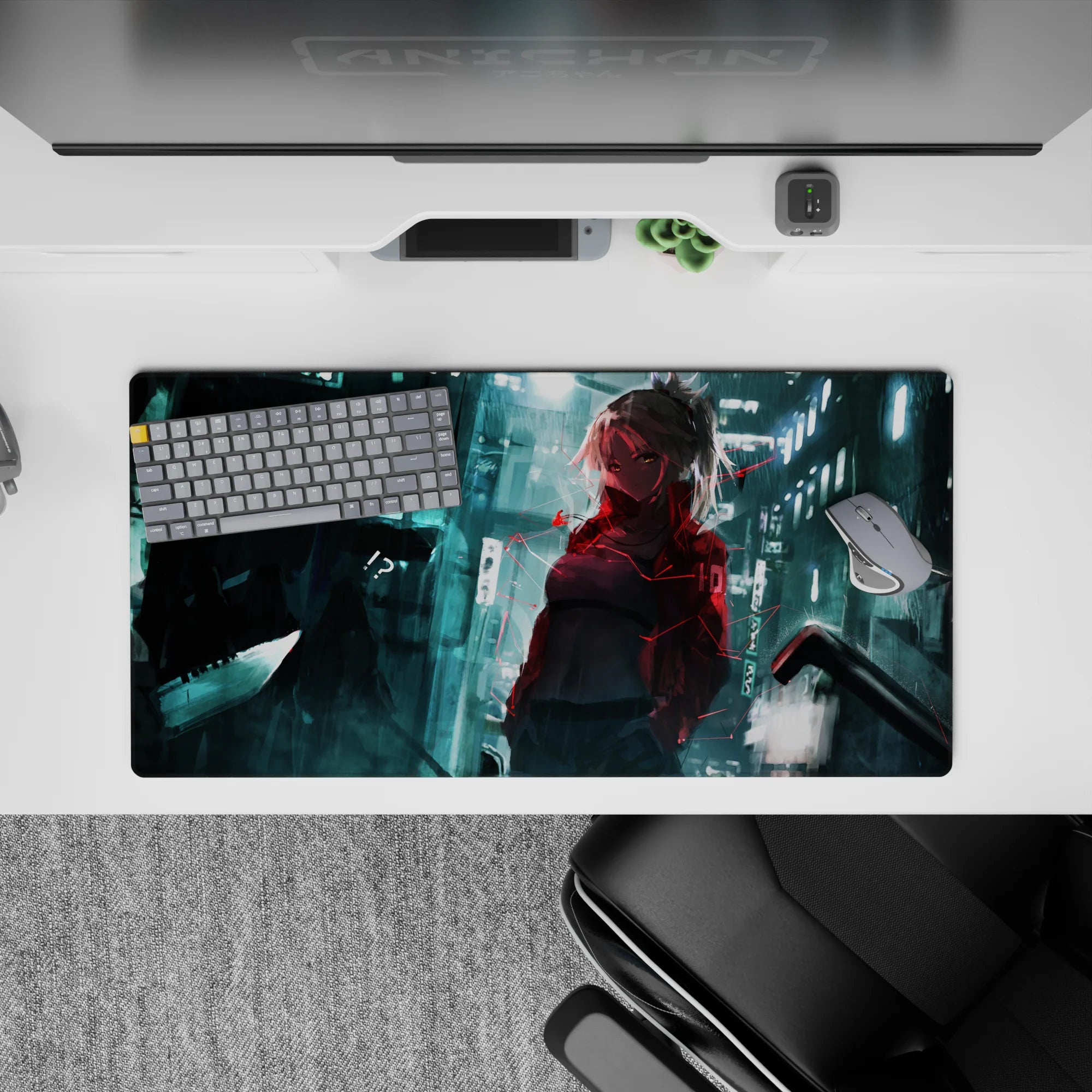 Anime girl mouse pad 32x16 inches in teal neon glow with red glitch accents, dark rainy mood.