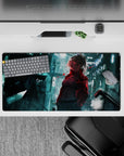 Anime girl mouse pad 32x16 inches in teal neon glow with red glitch accents, dark rainy mood.