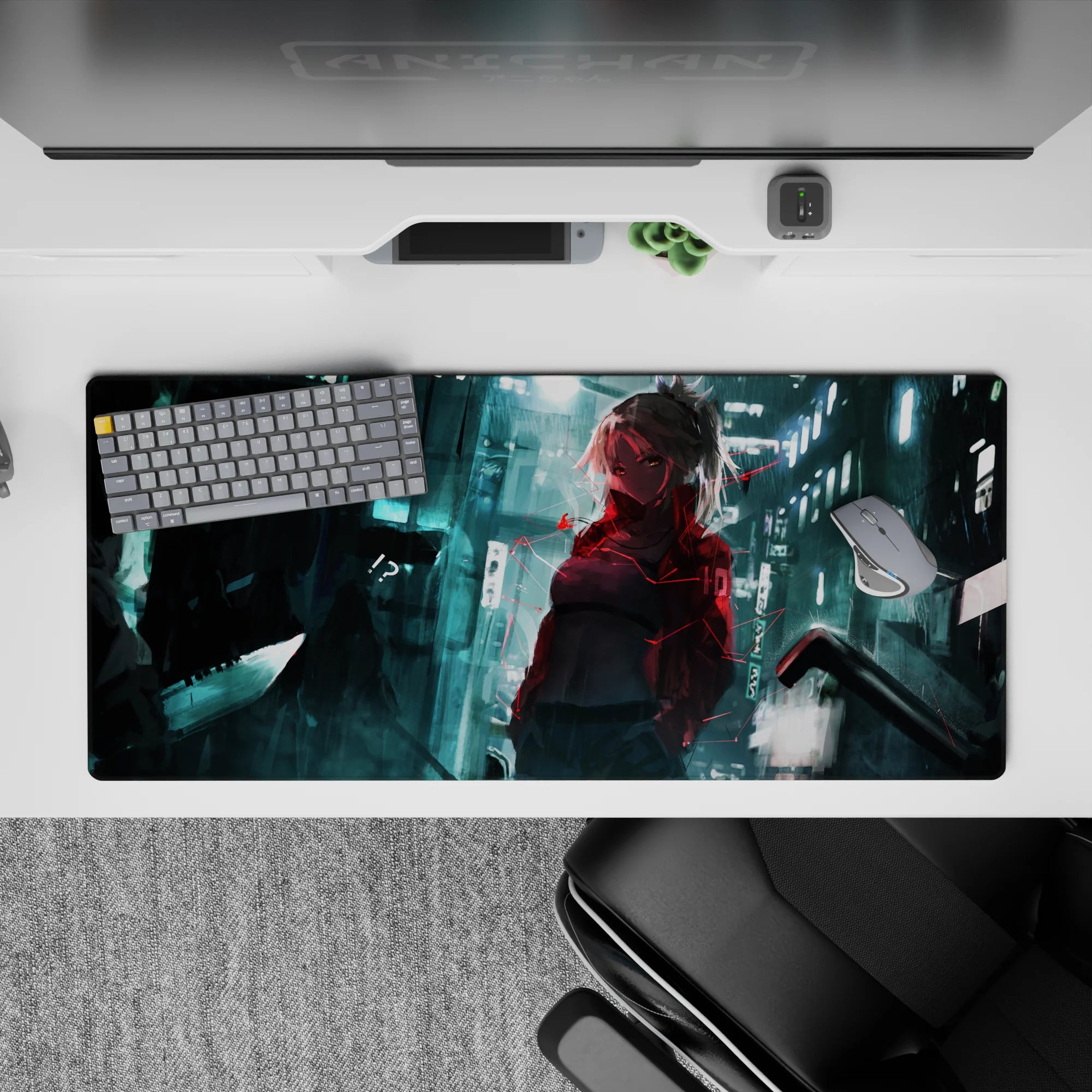 Teal neon glow and red glitch accents on an anime girl desk pad 36x16 inches, rainy night mood.