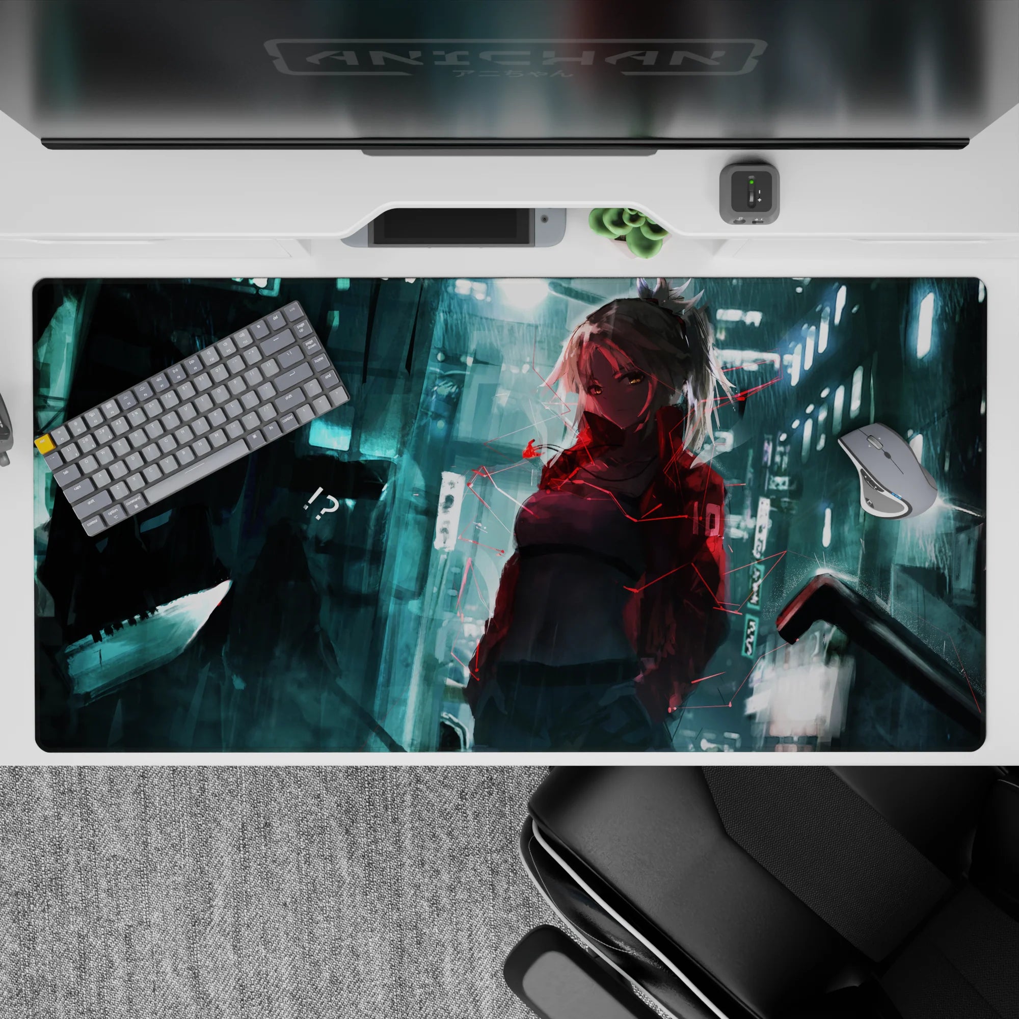 Cyberpunk teal glow and red glitch accents anime girl desk pad 40x20 inches, rainy moody night vibe.