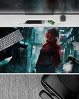 Cyberpunk teal glow and red glitch accents anime girl desk pad 40x20 inches, rainy moody night vibe.