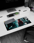 28x12 inches mouse pad featuring an anime girl in bold jacket, sharp stare in a rain-soaked alley scene.