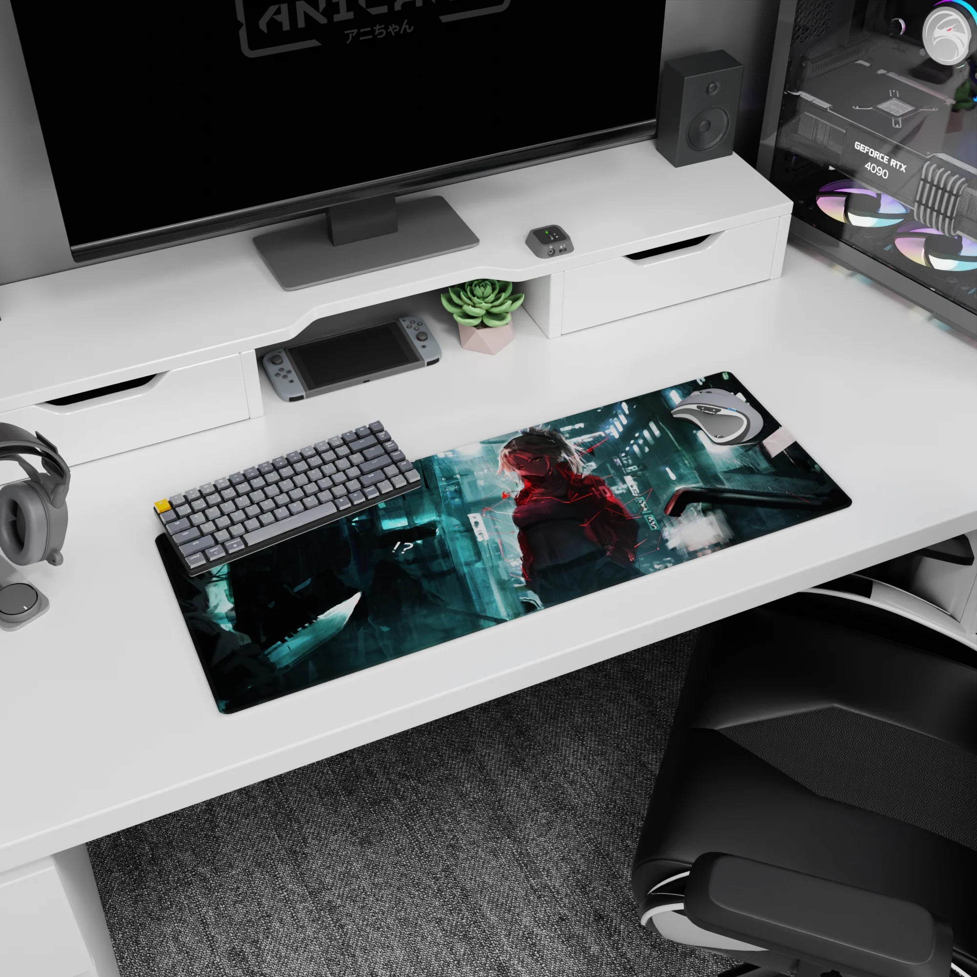 Anime girl in bold jacket on rainy neon alley mouse pad 32x12 inches, cinematic cyber scene.