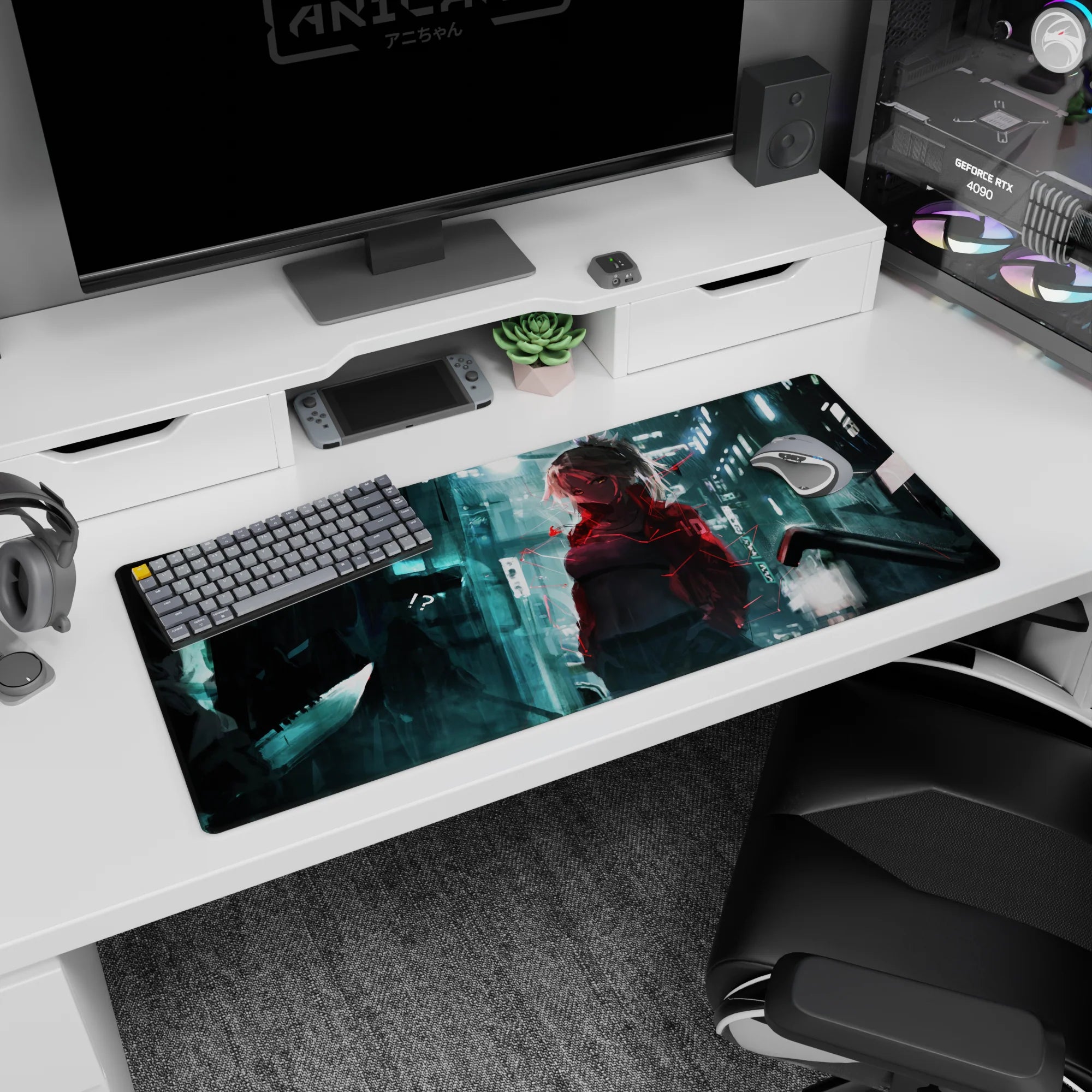 Sharp-stare anime girl in bold jacket on rainy neon alley desk pad 36x16 inches with wet pavement.
