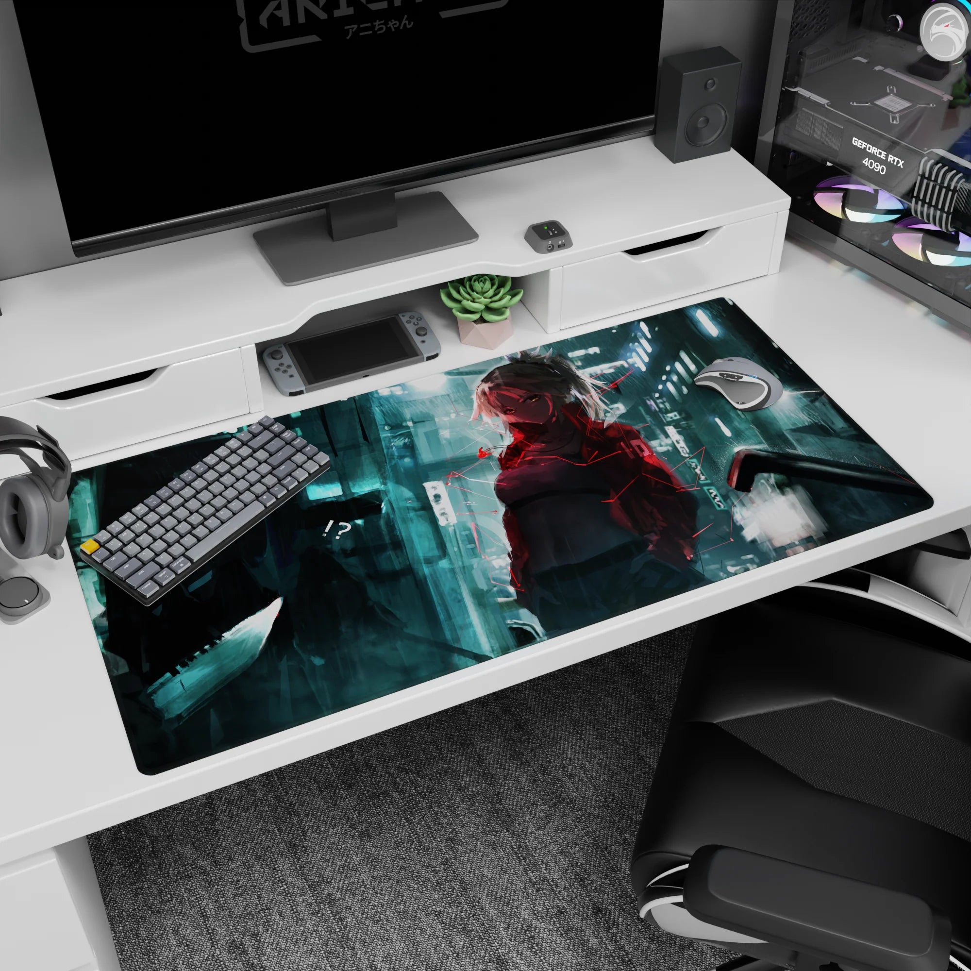 Sharp-eyed anime girl in bold jacket under rainy alley lights desk pad 40x20 inches, cinematic street scene.