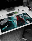 Sharp-eyed anime girl in bold jacket under rainy alley lights desk pad 40x20 inches, cinematic street scene.