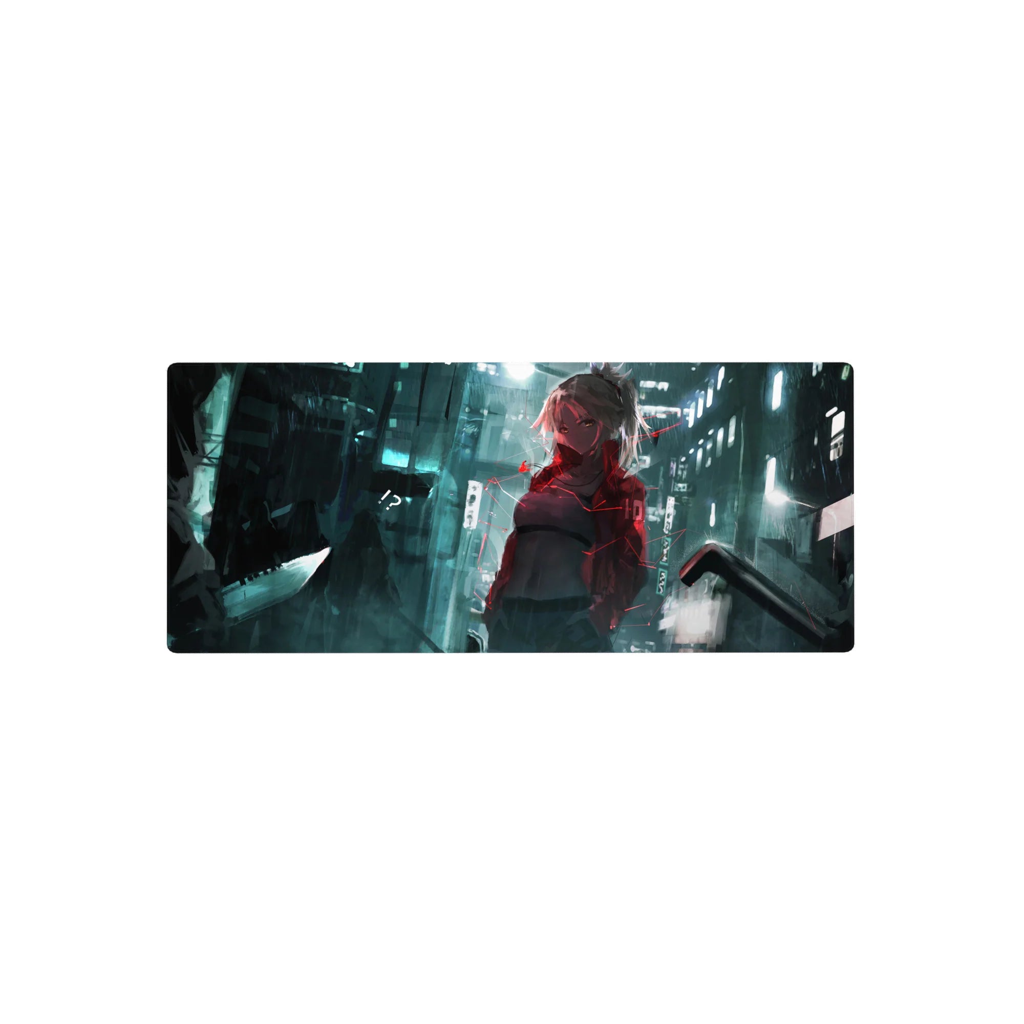 28x12 inches anime girl mouse pad with neon city alley artwork, edge-to-edge cinematic cyber design.