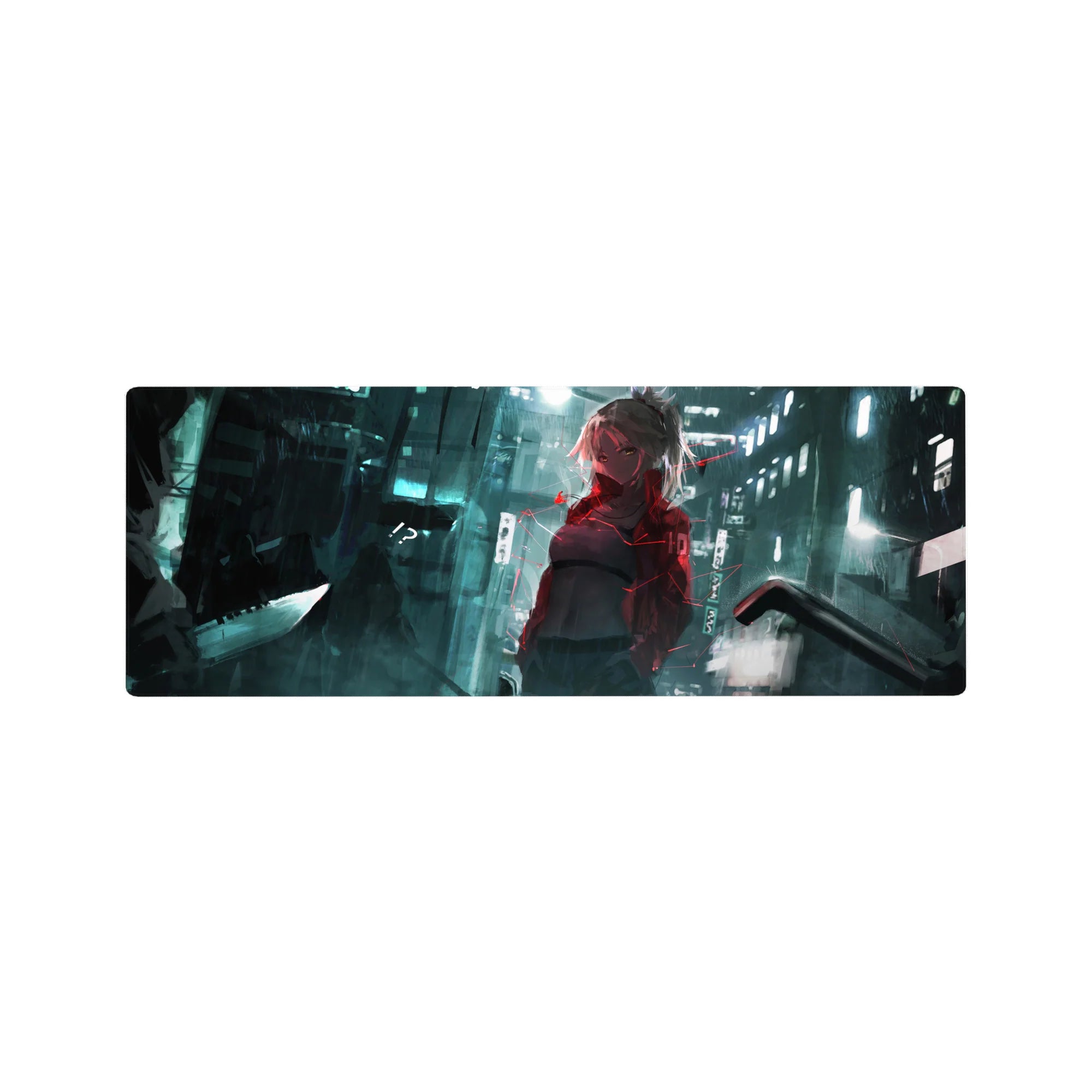 Anime girl mouse pad 32x12 inches with neon city alley artwork, full-desk gaming extended mat.