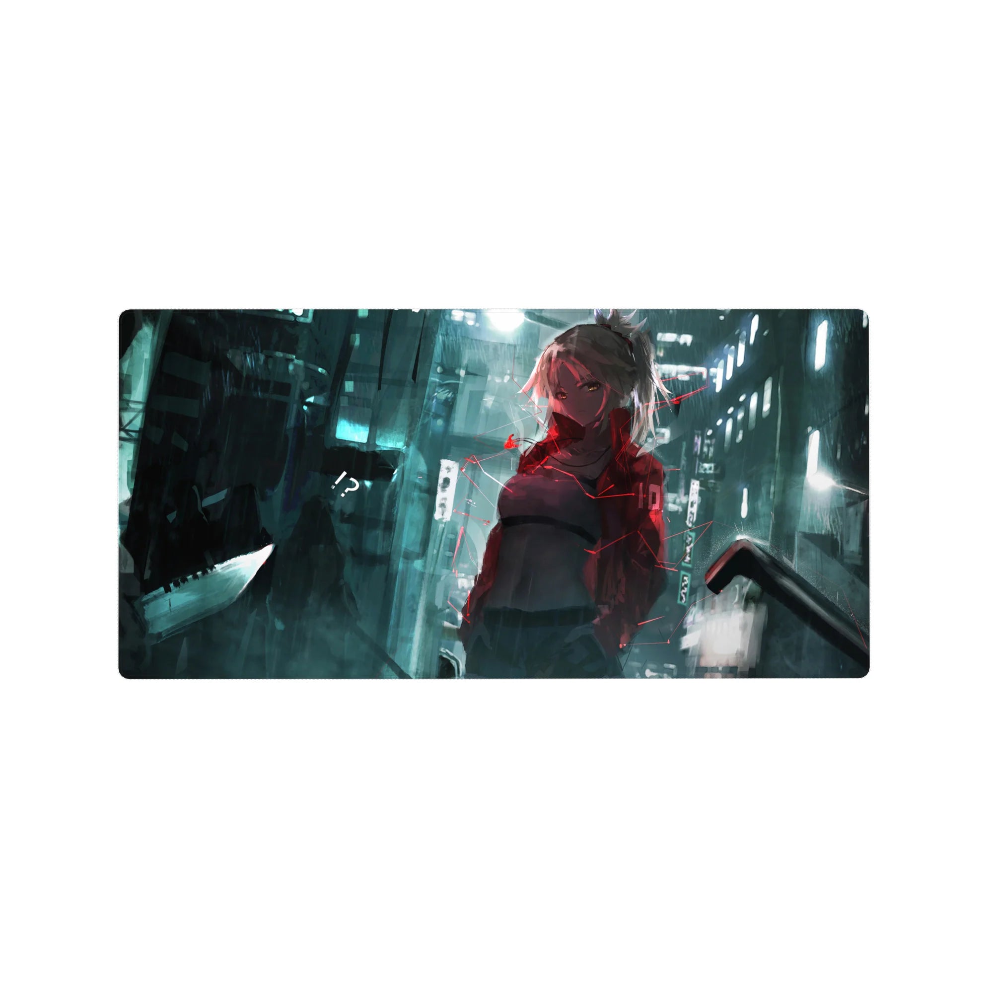 Anime girl mouse pad 32x16 inches with neon city alley artwork, edge-to-edge cyber street design.