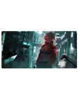 Anime girl mouse pad 32x16 inches with neon city alley artwork, edge-to-edge cyber street design.