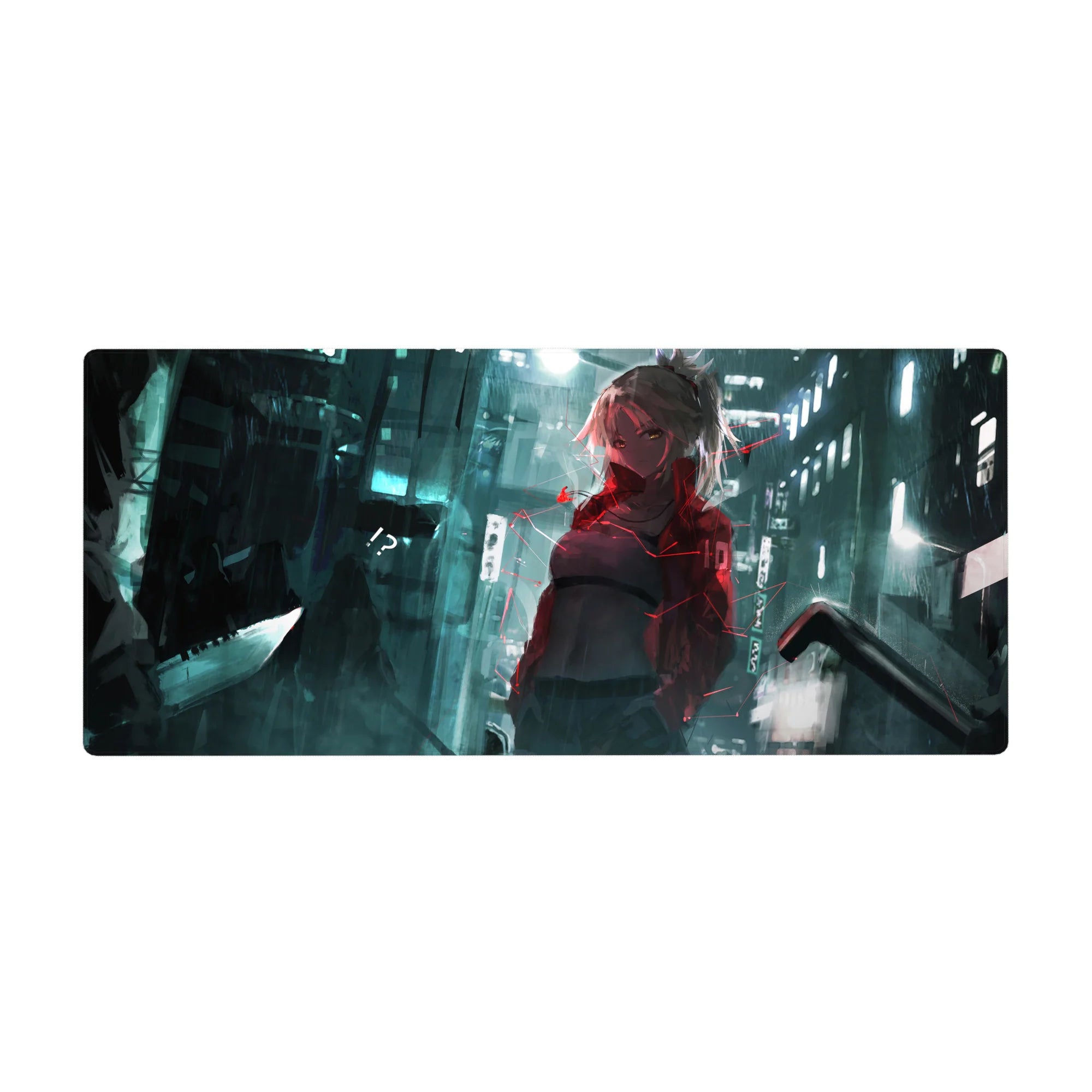 Anime girl desk pad 36x16 inches with neon city alley artwork, edge-to-edge cyberpunk style.